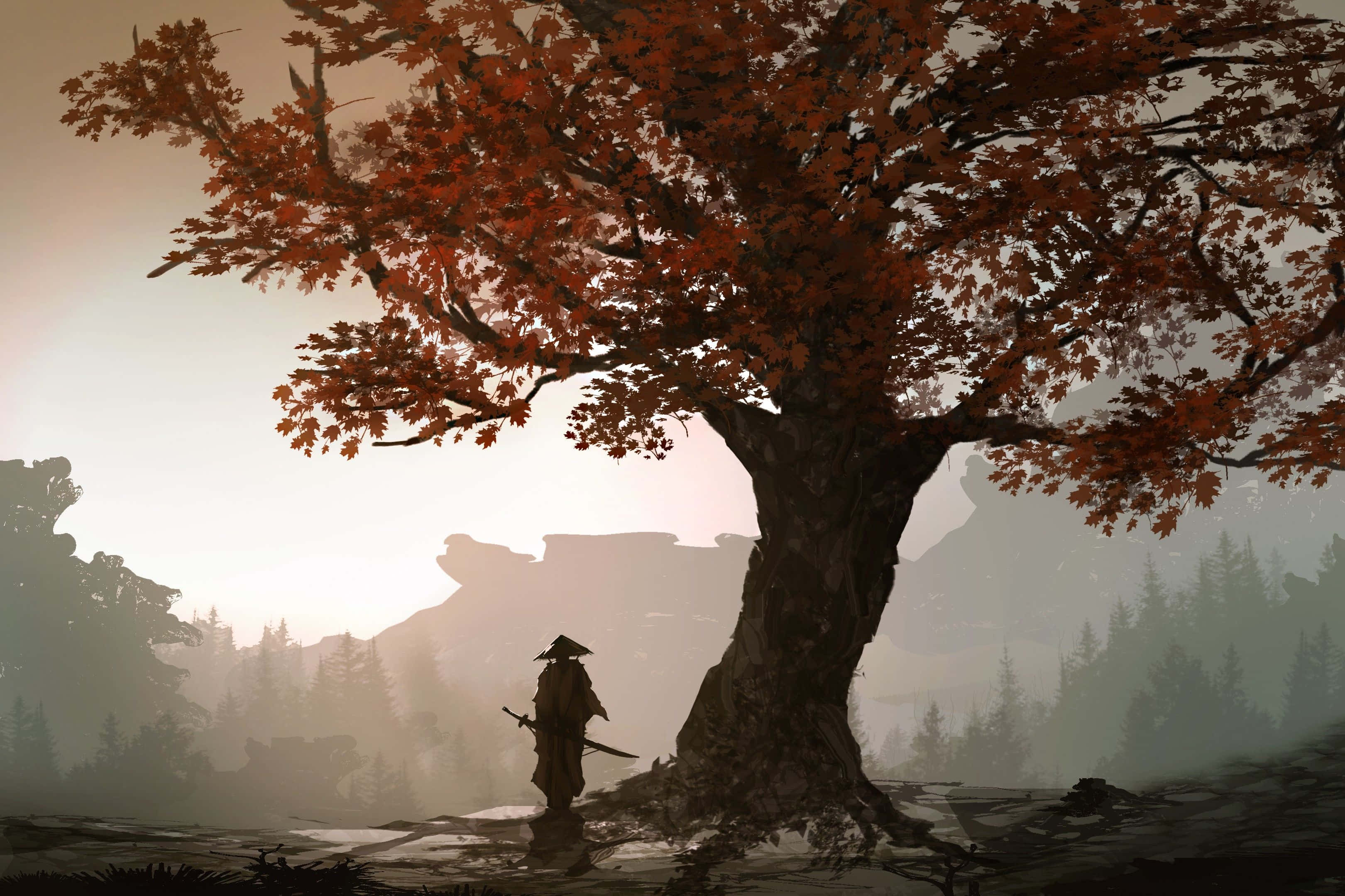 Samurai Landscape 桌布 壁紙 — 一位孤獨的武士站在一棵巨大的楓樹下，楓葉如火般鮮紅，背景是黎明時分霧氣瀰漫的山巒。