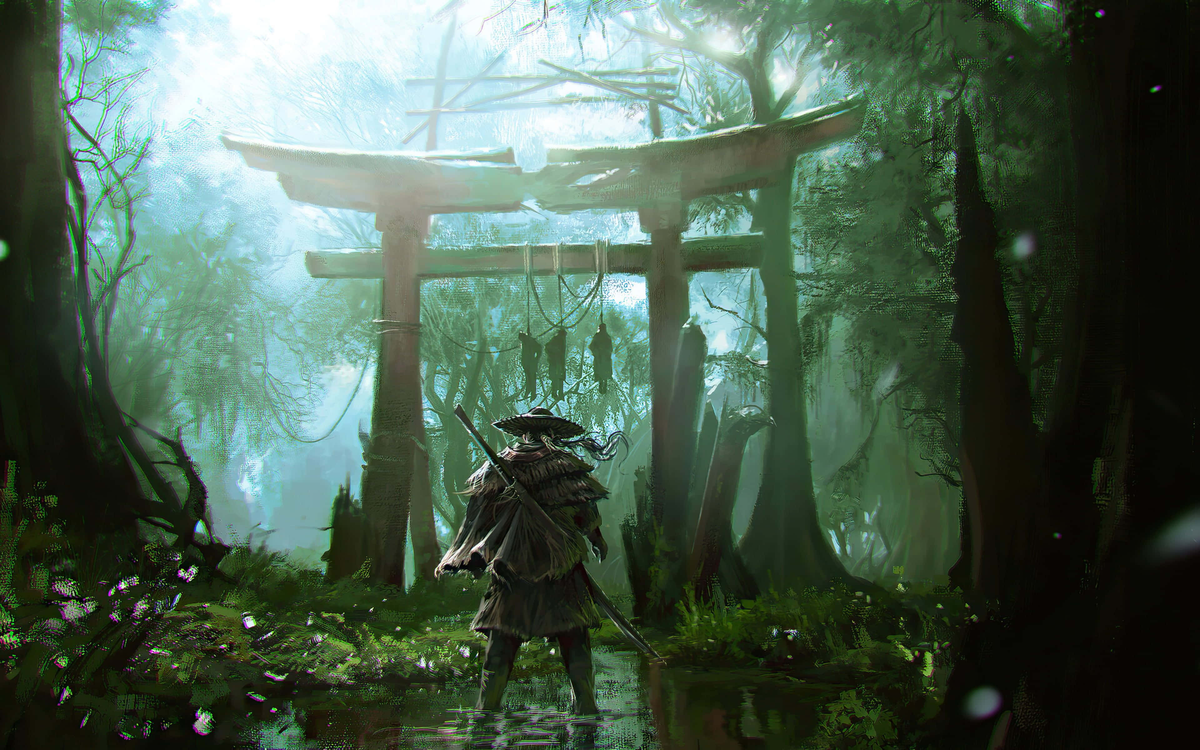 Samurai X 桌布 壁紙 — 一位孤獨的武士站在淺水中，面前是長滿青苔的鳥居，背景是霧氣瀰漫、陽光斑駁的日本森林。