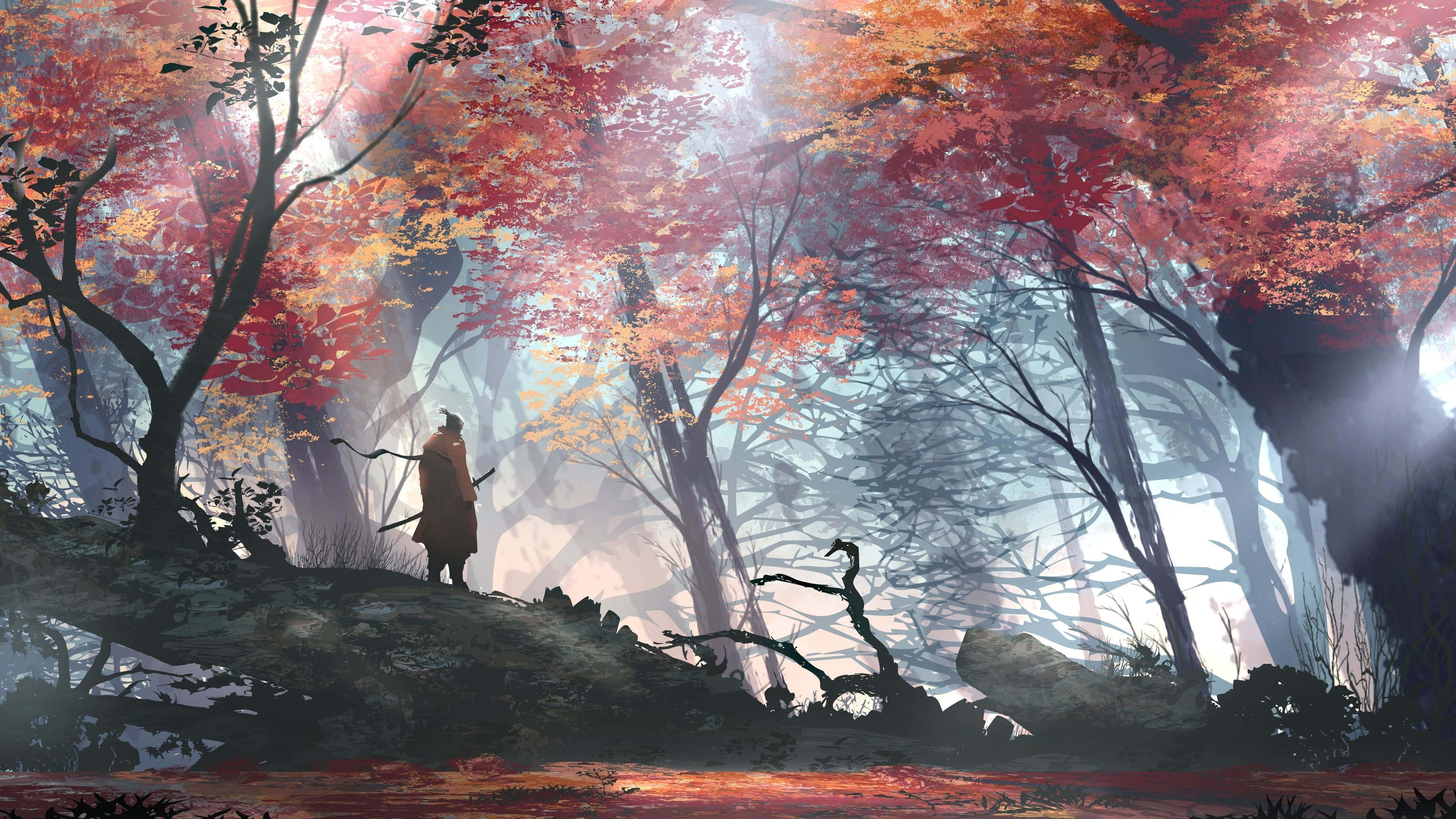Samurai Landscape 桌布 壁紙 — 一位孤獨的武士站在霧氣瀰漫的秋日森林中，陽光穿過鮮紅和橙色的樹葉灑落下來。