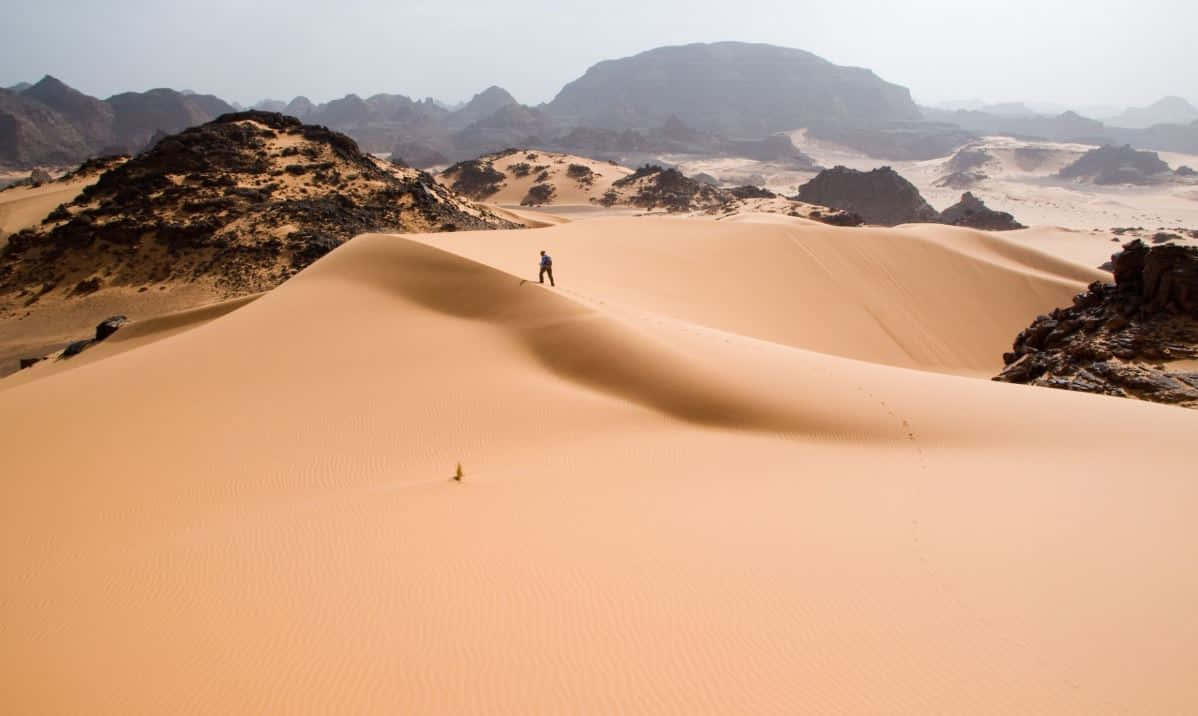 Sand Dunes 桌布 壁紙 — 一位孤獨的遠足者穿越廣闊的金色沙丘，天空朦朧，遠處有崎嶇的山脈。