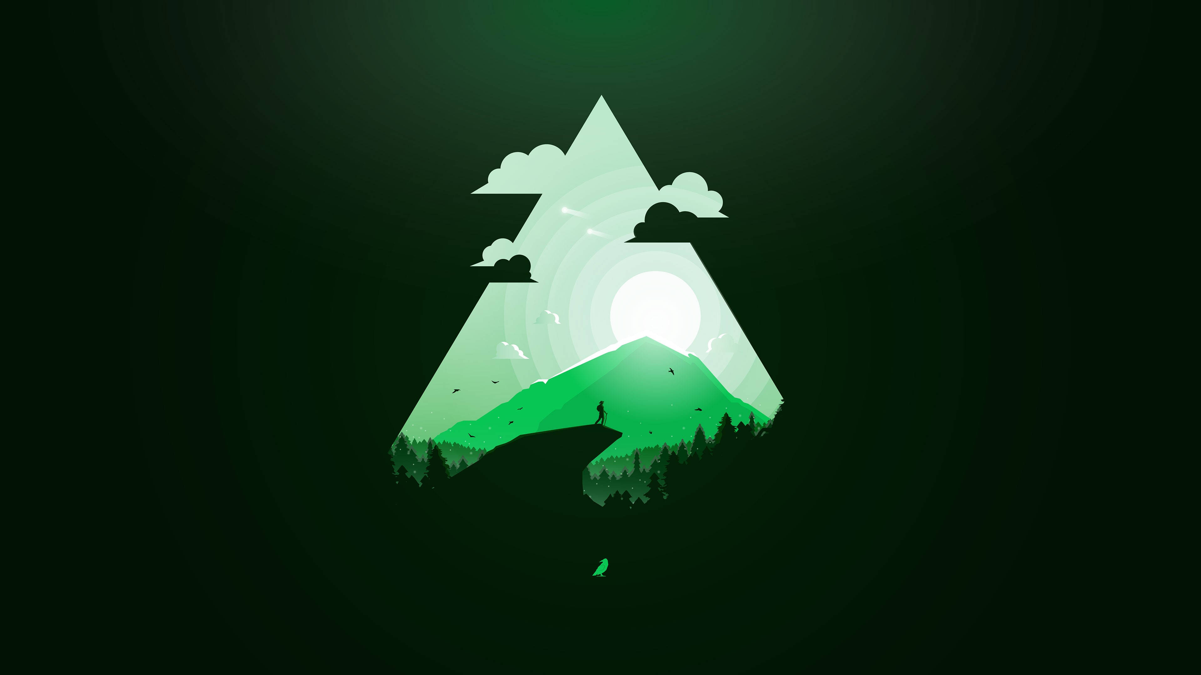 Green Abstract 桌布 壁紙 — 一位孤獨的遠足者站在一個被發光三角形傳送門框住的綠色山峰頂上，伴有雲朵和太陽。