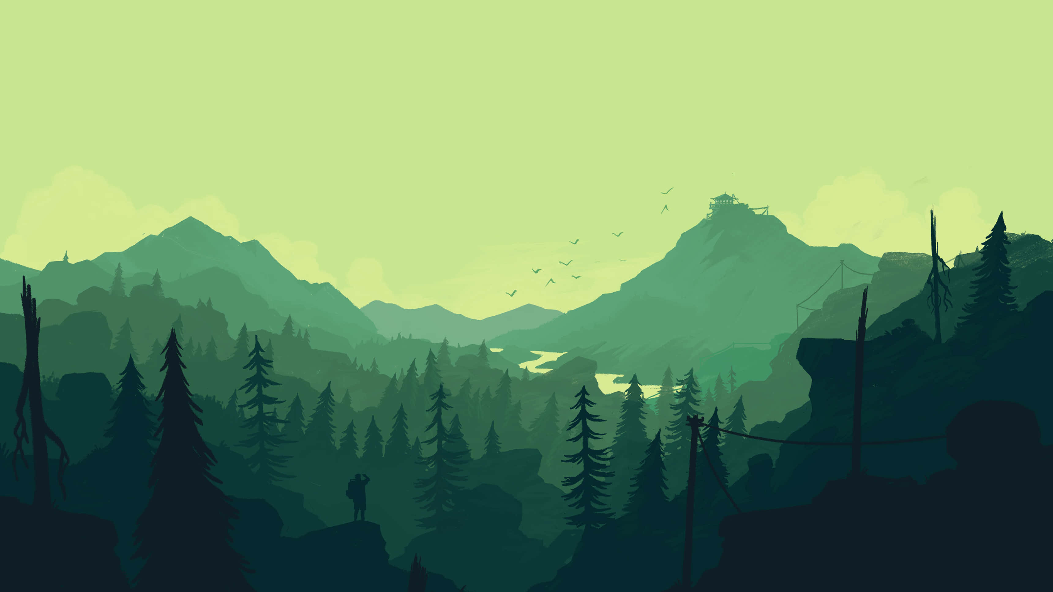 Firewatch 桌布 壁紙 — 一位孤獨的遠足者站在懸崖上，俯瞰著霧氣瀰漫的綠色山谷，遠處有山脈，下方有蜿蜒的河流。