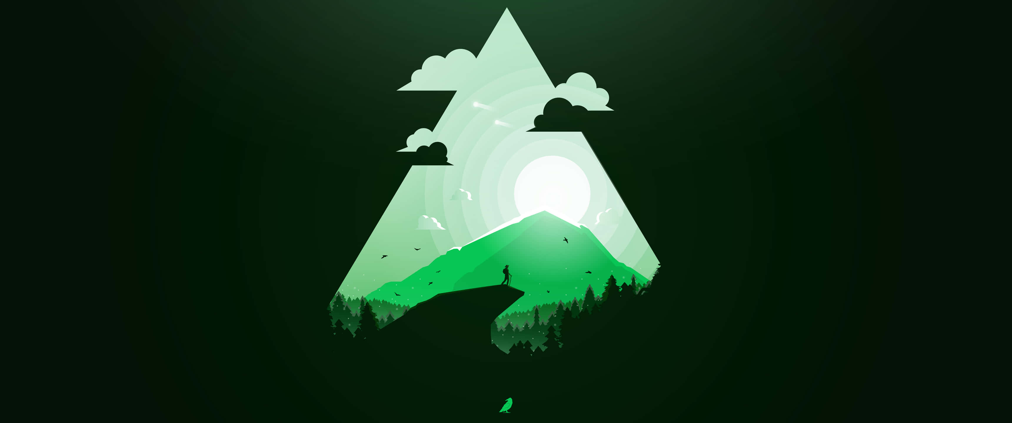 Minimalist 3440x1440 Wallpaper 壁紙 — 一位孤獨的遠足者站在綠色山峰之巔，被發光的三角形太陽光芒和風格化的雲朵所環繞。