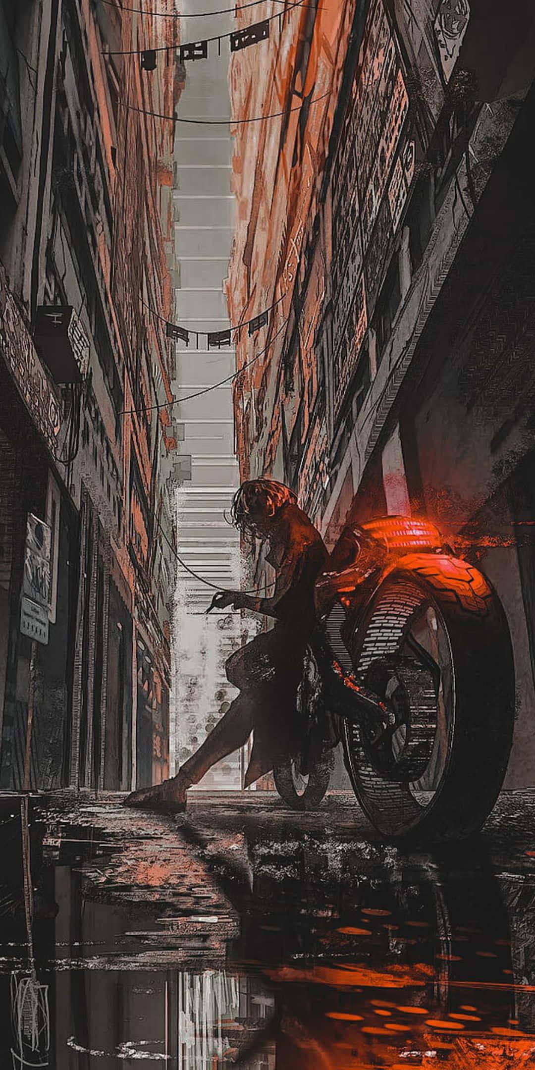 Cyberpunk 2077 | Pixel 3 壁紙 — 一位孤獨的騎士騎著發光的橙色電單車，在雨濕的城市小巷中，於高聳建築物之間稍作停留。