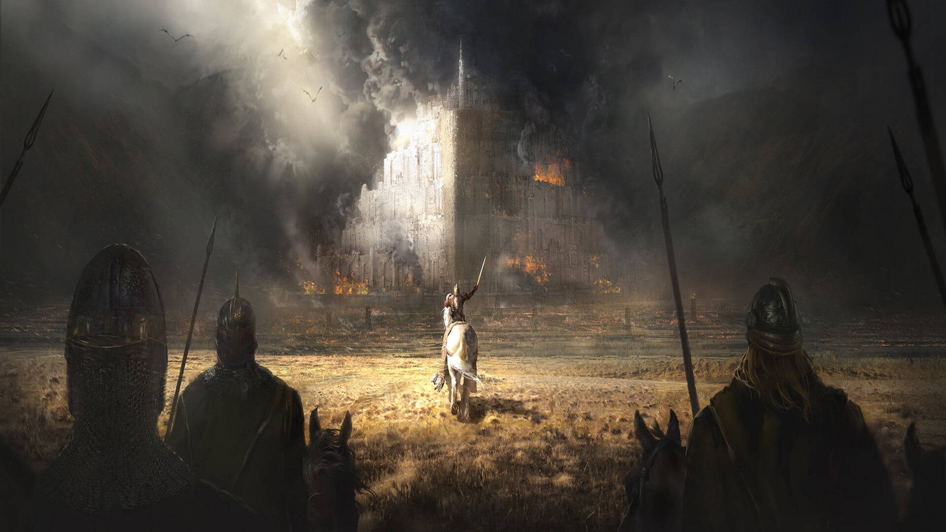 Lord Of The Rings Landscape 桌布 壁紙 — 一位孤獨的騎士騎著白馬衝向燃燒的城堡，而身穿盔甲的士兵在前景觀望。