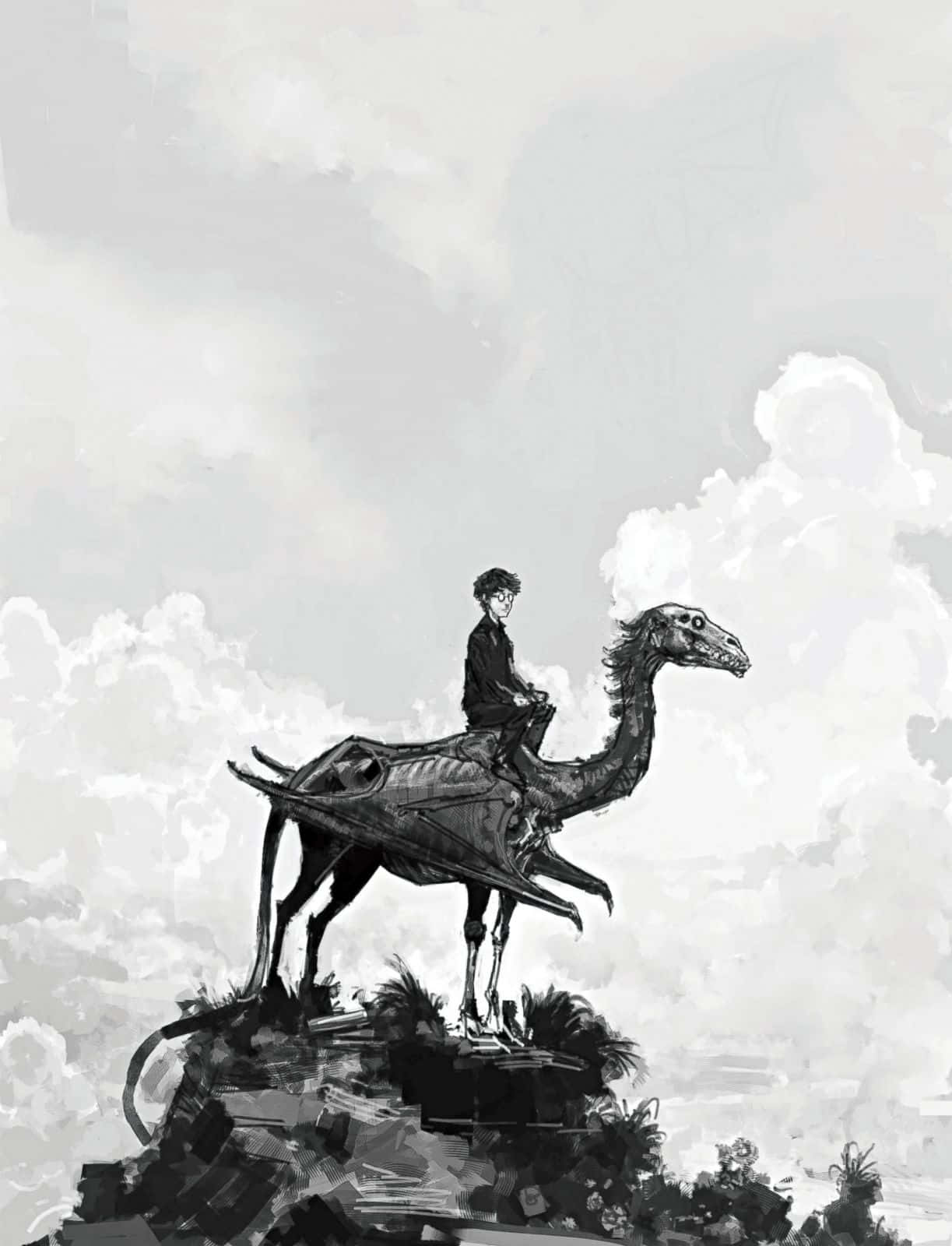Thestral 桌布 壁紙 — 一位孤獨的騎手騎在骷髏龍上，棲息在岩石露頭上，背景是陰天，以單色水墨畫呈現。