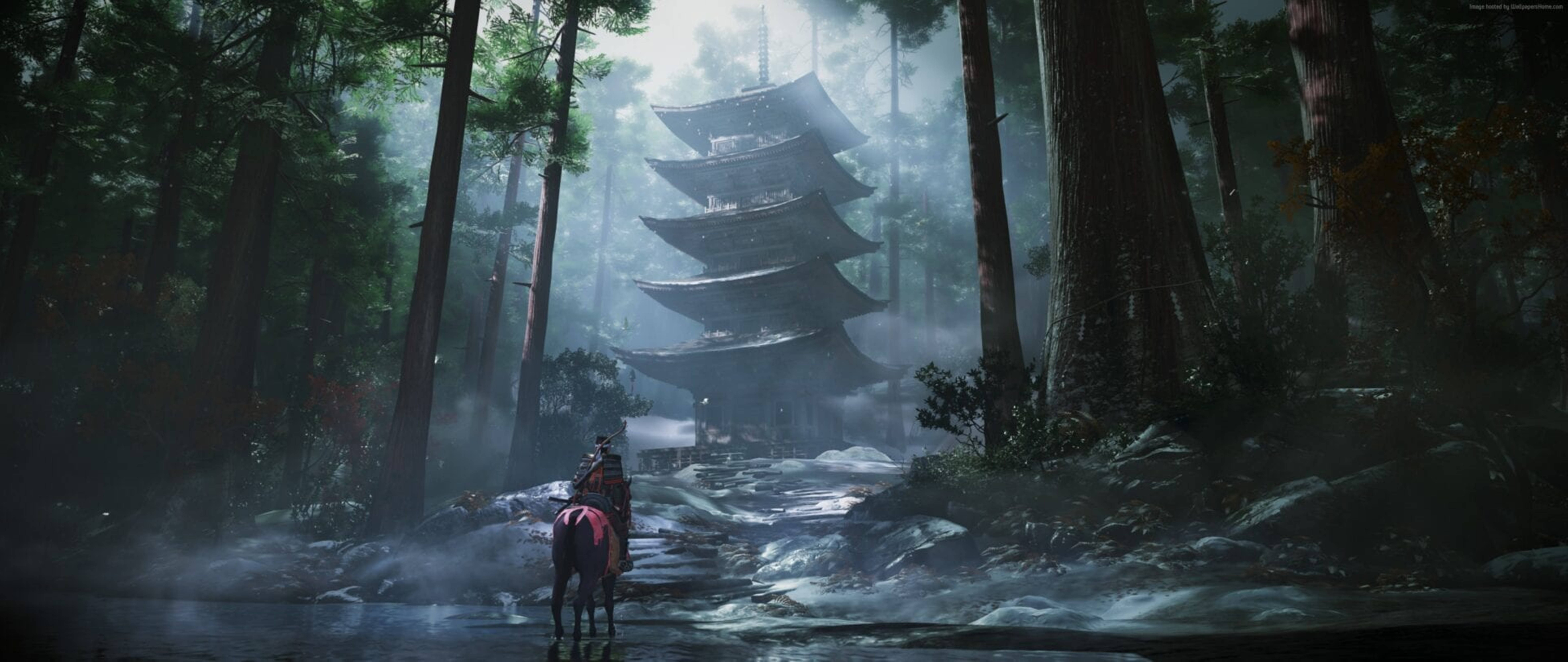 桌布 壁紙 — 一位孤獨的騎手騎著馬穿過迷霧森林，走向一座沐浴在柔和晨光中的高聳寶塔。