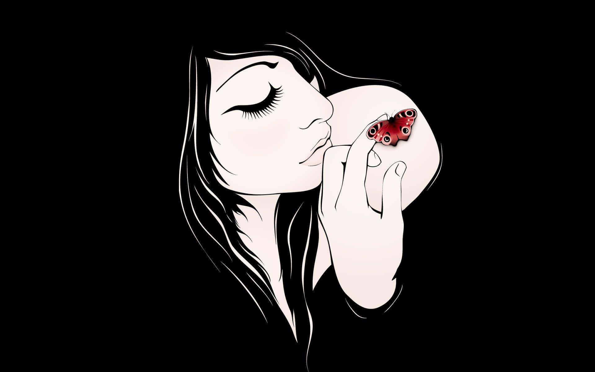 emo 桌布 壁紙 — 一位寧靜嘅女人閉上眼睛，溫柔地親吻一隻停喺佢手上嘅紅色蝴蝶，背景係純黑色。