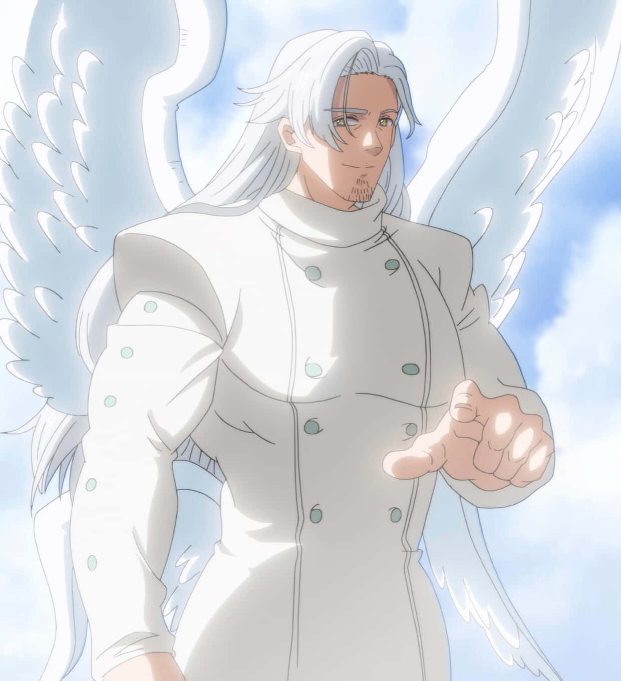 Seven Deadly Sins Mael 桌布 壁紙 — 一位寧靜的動漫天使，白髮與翅膀，在明亮的藍天下向前比劃。