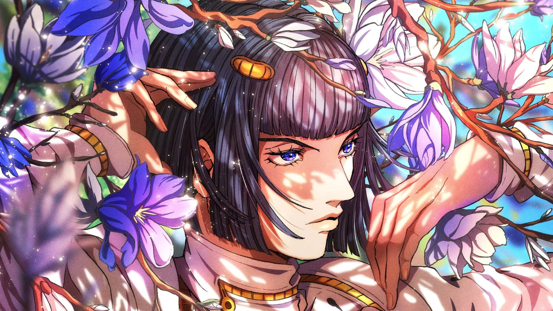 Bruno Bucciarati 桌布 壁紙 — 一位寧靜的動漫女孩，擁有紫色頭髮和藍色眼睛，在明亮的天空下被盛開的紫色和白色花朵所環繞。