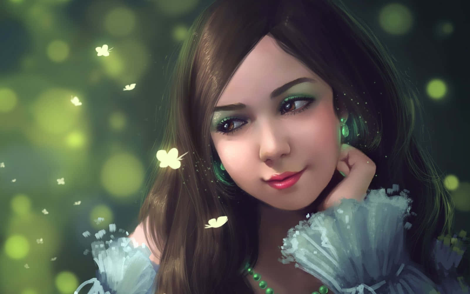 Beautiful Artistic 桌布 壁紙 — 一位寧靜的動漫女孩，擁有綠色眼睛和飄逸的棕色頭髮，在發光的綠色散景和飄動的白色蝴蝶中溫柔微笑。