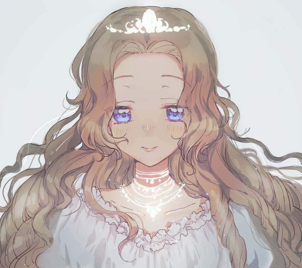 Nunnally Lamperouge 桌布 壁紙 — 一位寧靜的動漫女孩，擁有長長的波浪金髮和閃閃發光的藍色眼睛，穿著精緻的白色連衣裙和頭冠，背景柔和明亮。