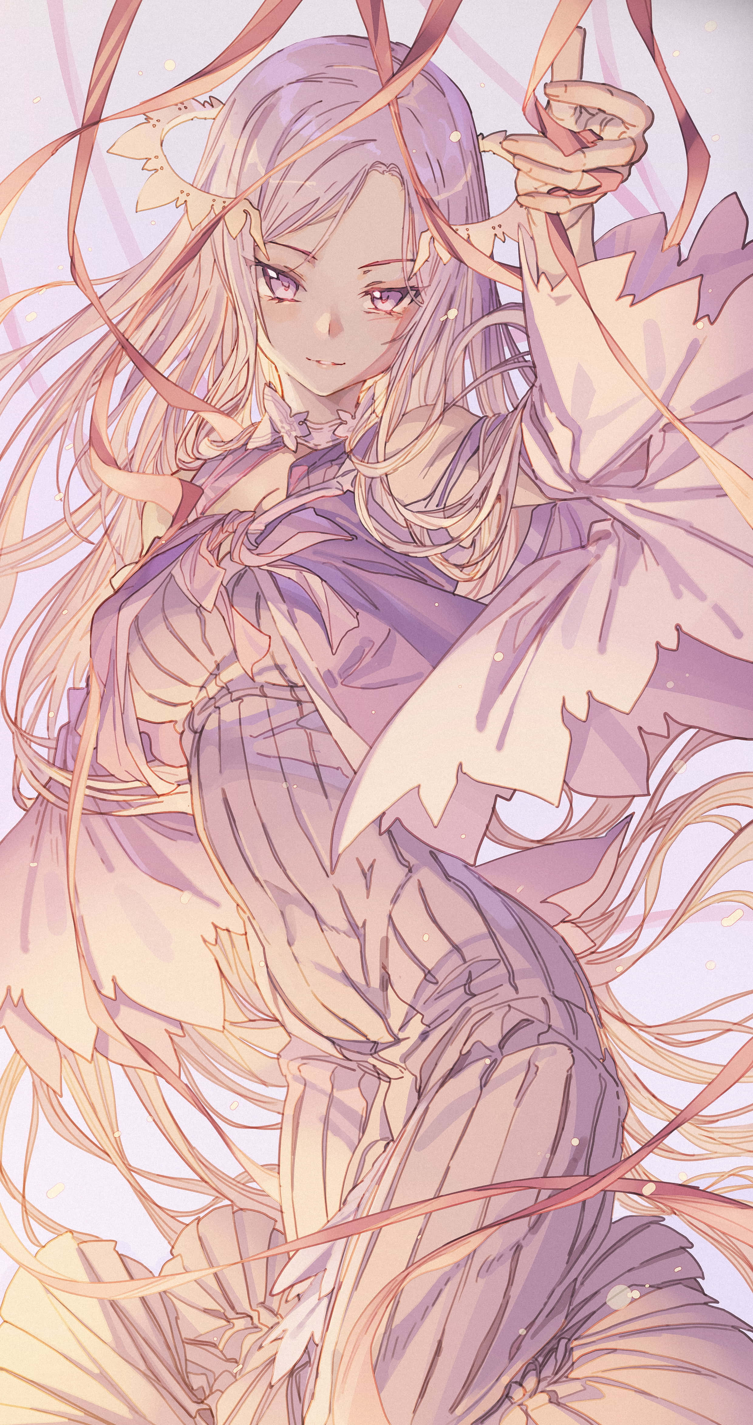 Sword Art Online Quinella 桌布 壁紙 — 一位寧靜的動漫女孩，擁有飄逸的薰衣草色頭髮和柔和的粉彩服裝，在旋轉的光帶中溫柔地凝視。