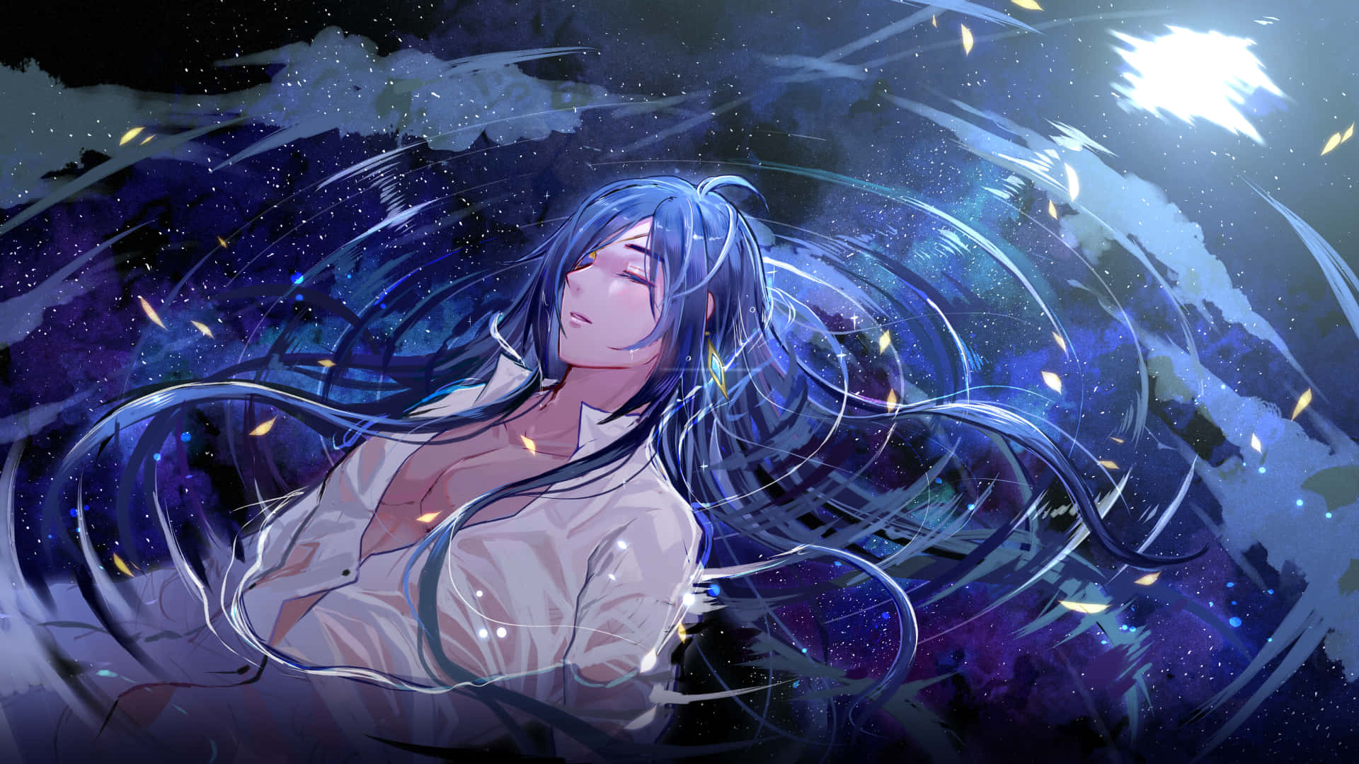 Kaeya 桌布 壁紙 — 一位寧靜的動漫女孩，擁有飄逸的藍色頭髮，在星光燦爛的夜空下，漂浮在旋轉的宇宙能量和發光粒子之間。