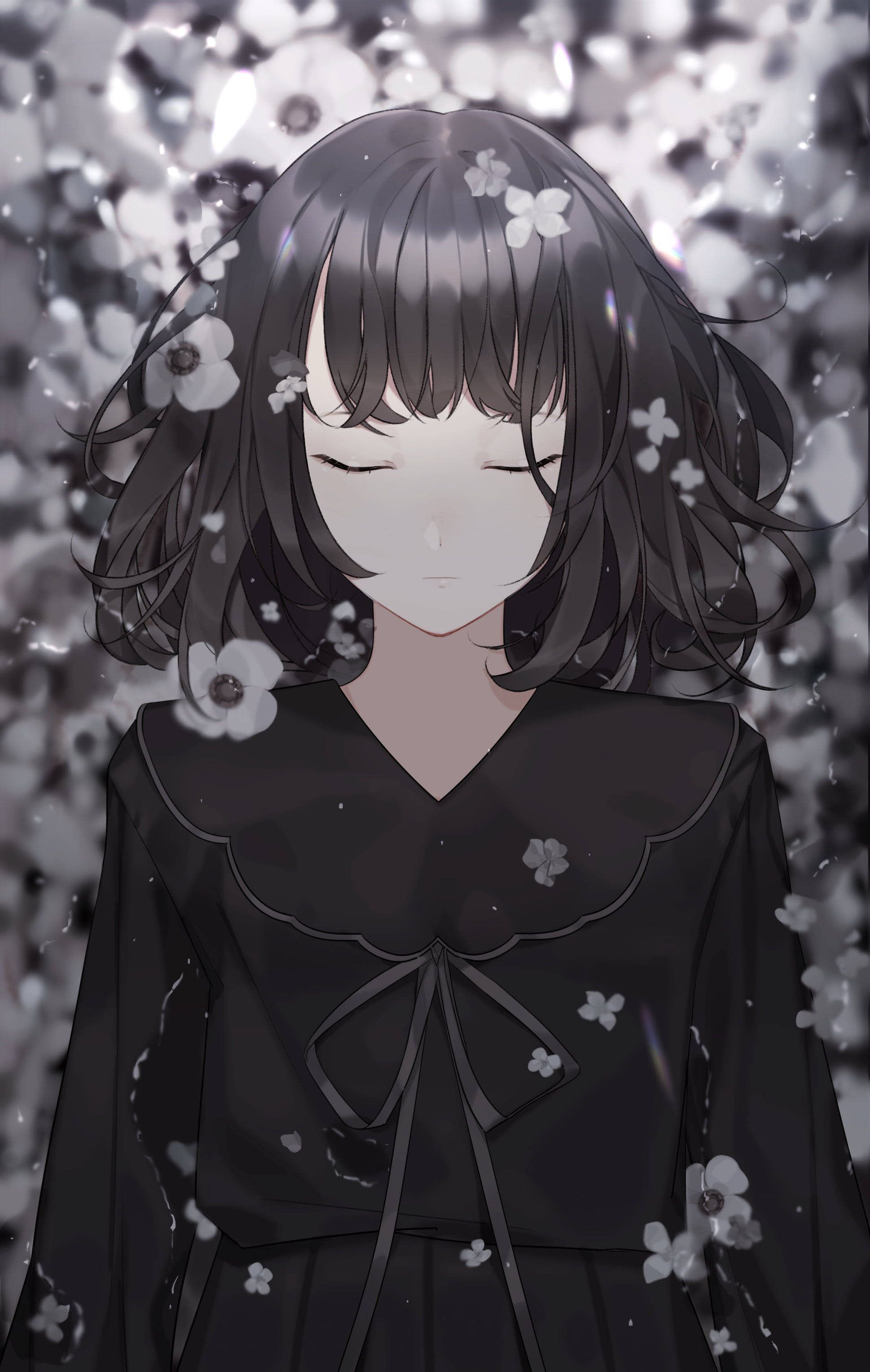 Sad Anime Girl 桌布 壁紙 — 一位寧靜的動漫女孩，深色頭髮，閉著眼睛，站在單色背景中飄落的白色花朵之間。