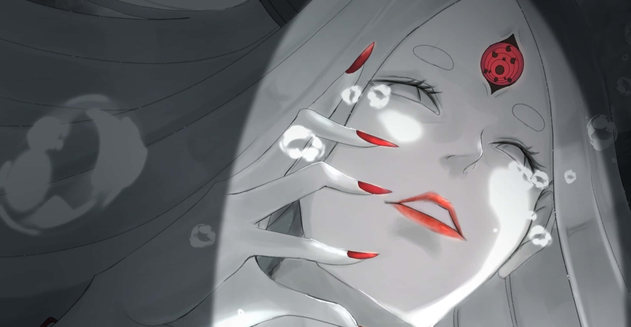 Kaguya Otsutsuki 桌布 壁紙 — 一位寧靜的動漫女孩，紅眼睛和紅指甲，輕輕觸摸她的臉，氣泡在她周圍漂浮，以灰階搭配紅色點綴。