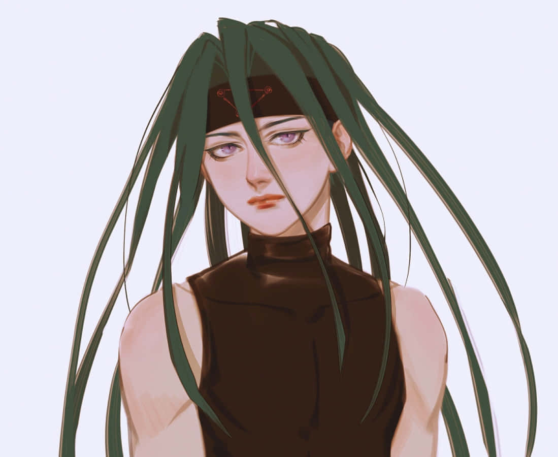 Fullmetal Alchemist Envy 桌布 壁紙 — 一位寧靜的動漫女孩，長著綠色長髮和紫色眼睛，戴著深色頭帶和無袖上衣，背景柔和明亮。