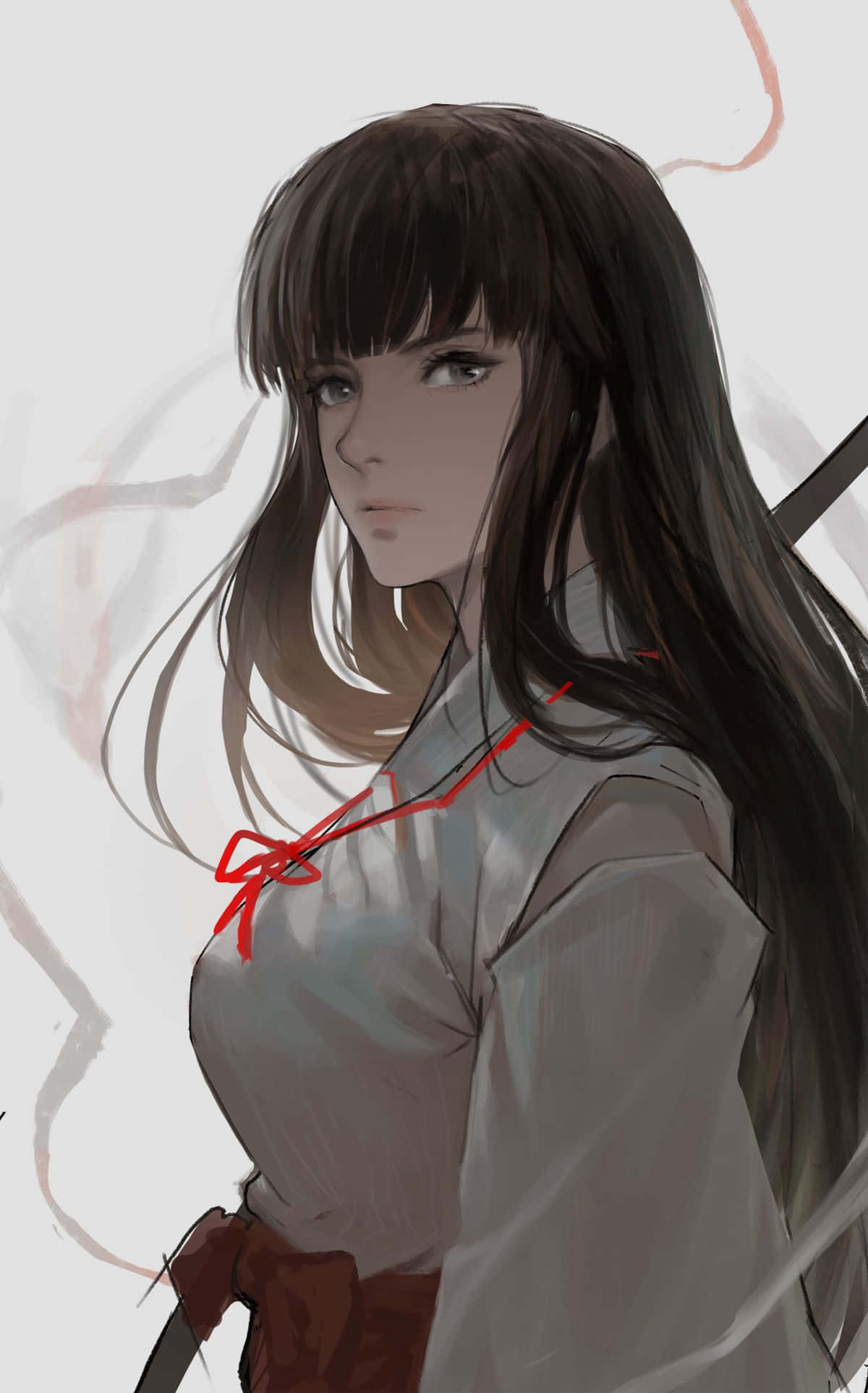 Inuyasha And Kikyo 桌布 壁紙 — 一位寧靜的動漫女孩，長長的黑髮和紅色蝴蝶結，在極簡背景中溫柔凝視。