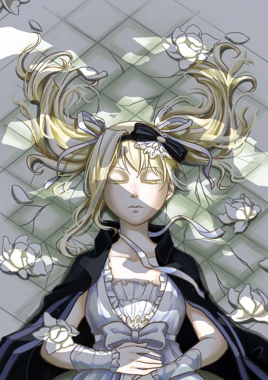 Elizabeth Midford 桌布 壁紙 — 一位寧靜的動漫女孩，飄逸的金色長髮和白玫瑰，在瓷磚天花板背景下平靜地漂浮。