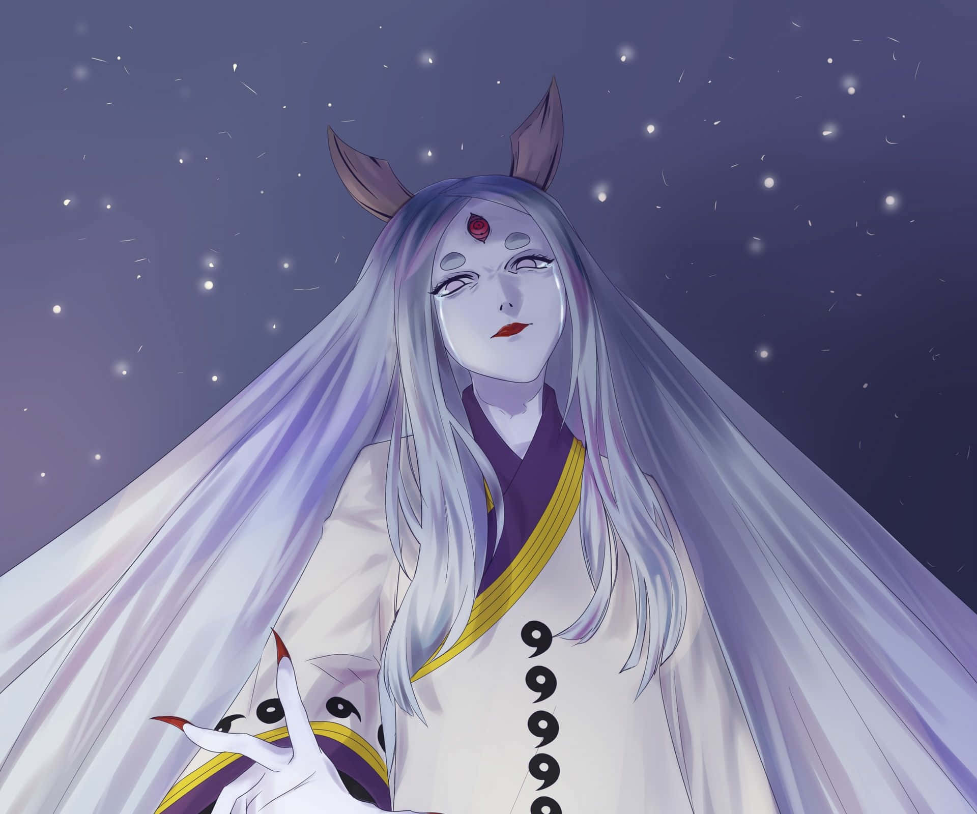 Kaguya Otsutsuki 桌布 壁紙 — 一位寧靜的動漫女巫，擁有長長的銀色頭髮和狐狸耳朵，漂浮在繁星點點的紫色夜空下。