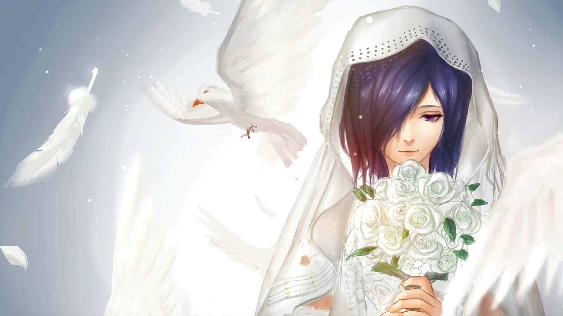 Touka Kirishima 桌布 壁紙 — 一位寧靜的動漫新娘，黑髮白紗，手持一束白玫瑰，白鴿和羽毛在柔和光線中飄浮在她周圍。
