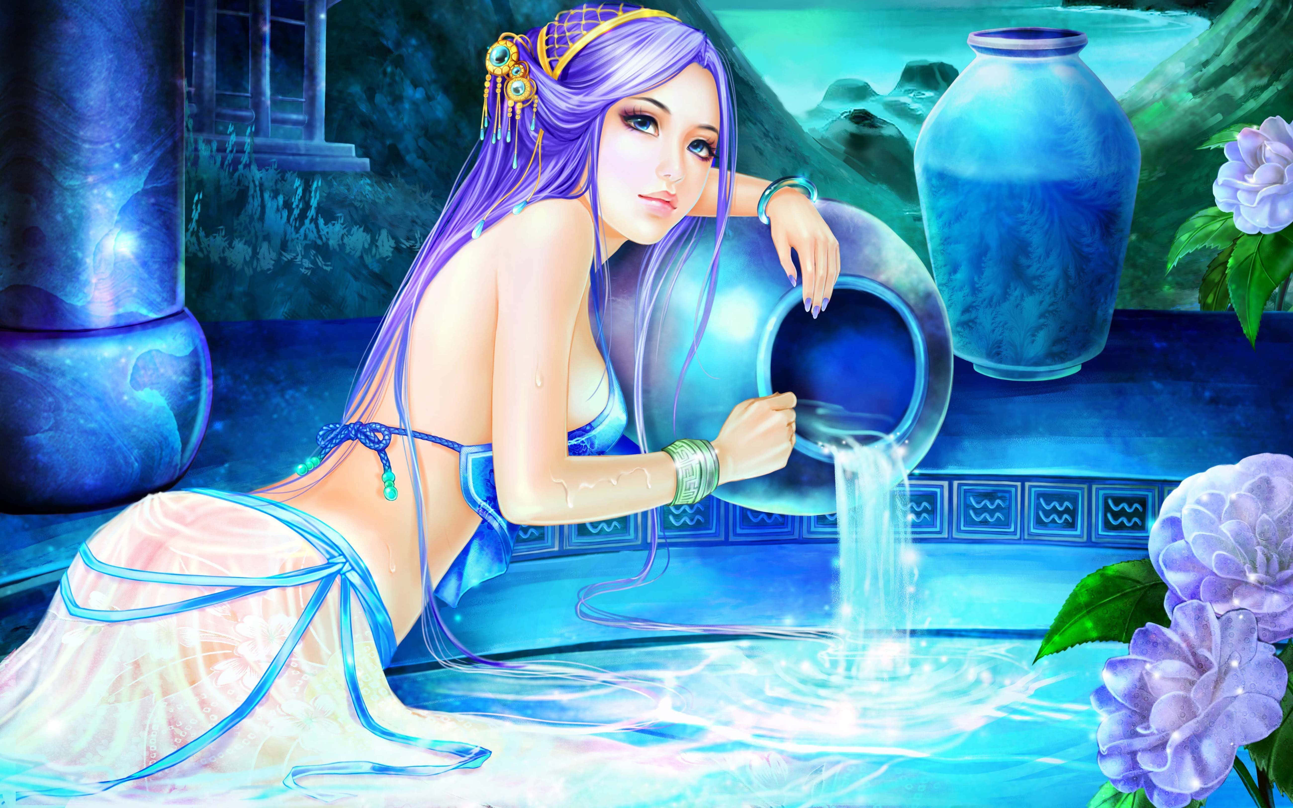 水瓶座 桌布 壁紙 — 一位寧靜的動漫風格美人魚，紫色頭髮，將發光的水從水壺倒入旁邊盛開紫色花朵的池中。