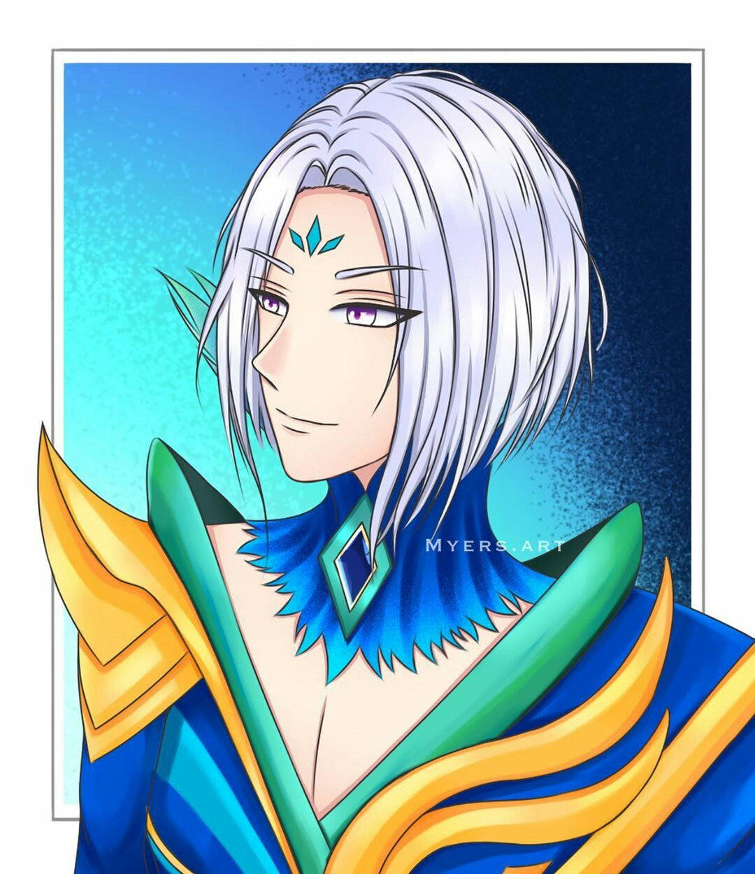 Mobile Legends 桌布 壁紙 — 一位寧靜的動畫精靈，銀色頭髮和紫色眼睛，穿著藍色和金色的華麗服裝，背景是漸變的青綠色和藍色。