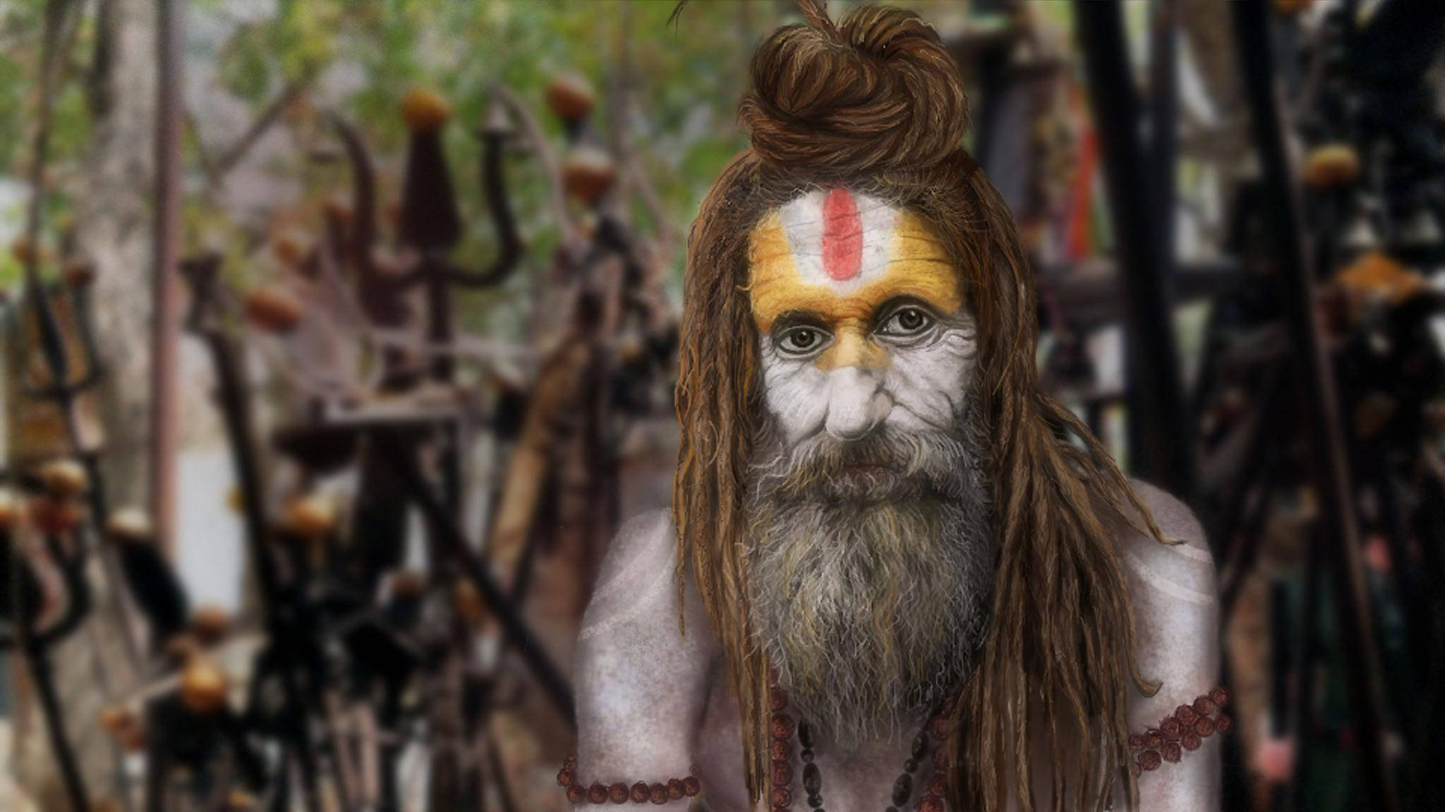 Aghori 桌布 壁紙 — 一位寧靜的印度教聖人，白色臉龐，黃色額頭標記，長鬍鬚，站在三叉戟森林中。