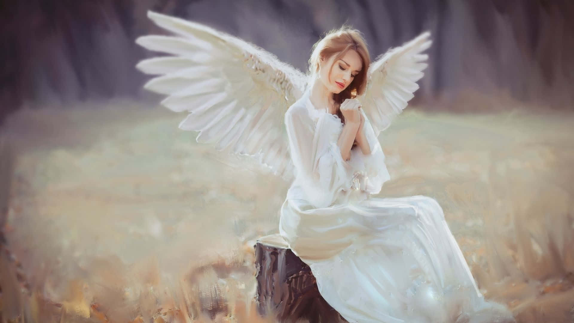 Angelic 桌布 壁紙 — 一位寧靜的天使，擁有寬闊的白色翅膀，優雅地坐在柔焦秋日田野中的樹樁上。