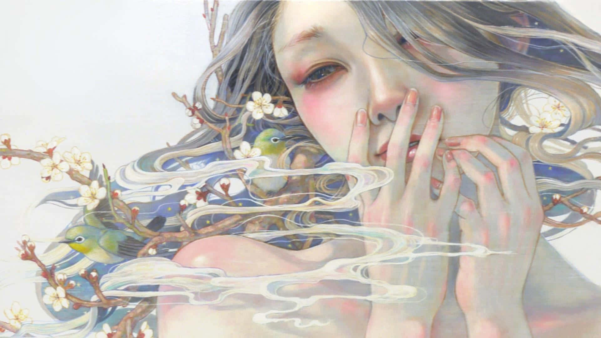 插畫 桌布 壁紙 — 一位寧靜的女性，飄逸的銀髮與櫻花和鳥兒交織，雙手輕輕掩住嘴巴，柔和的薄霧在她周圍旋轉。