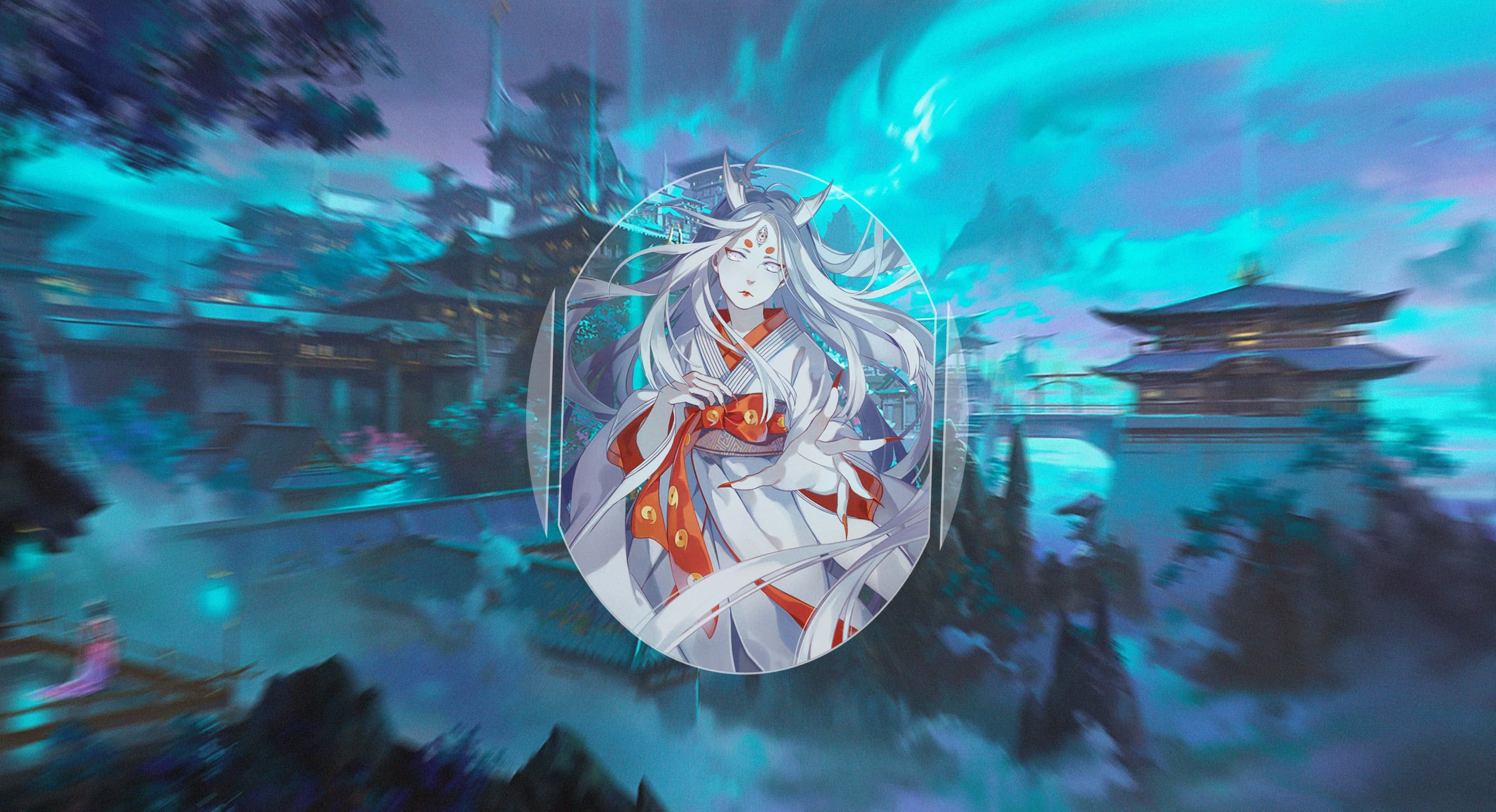 Kaguya Otsutsuki 桌布 壁紙 — 一位寧靜的白髮紅飾動漫少女漂浮在發光球體中，下方是霧氣瀰漫、青綠色的日本寺廟景觀。