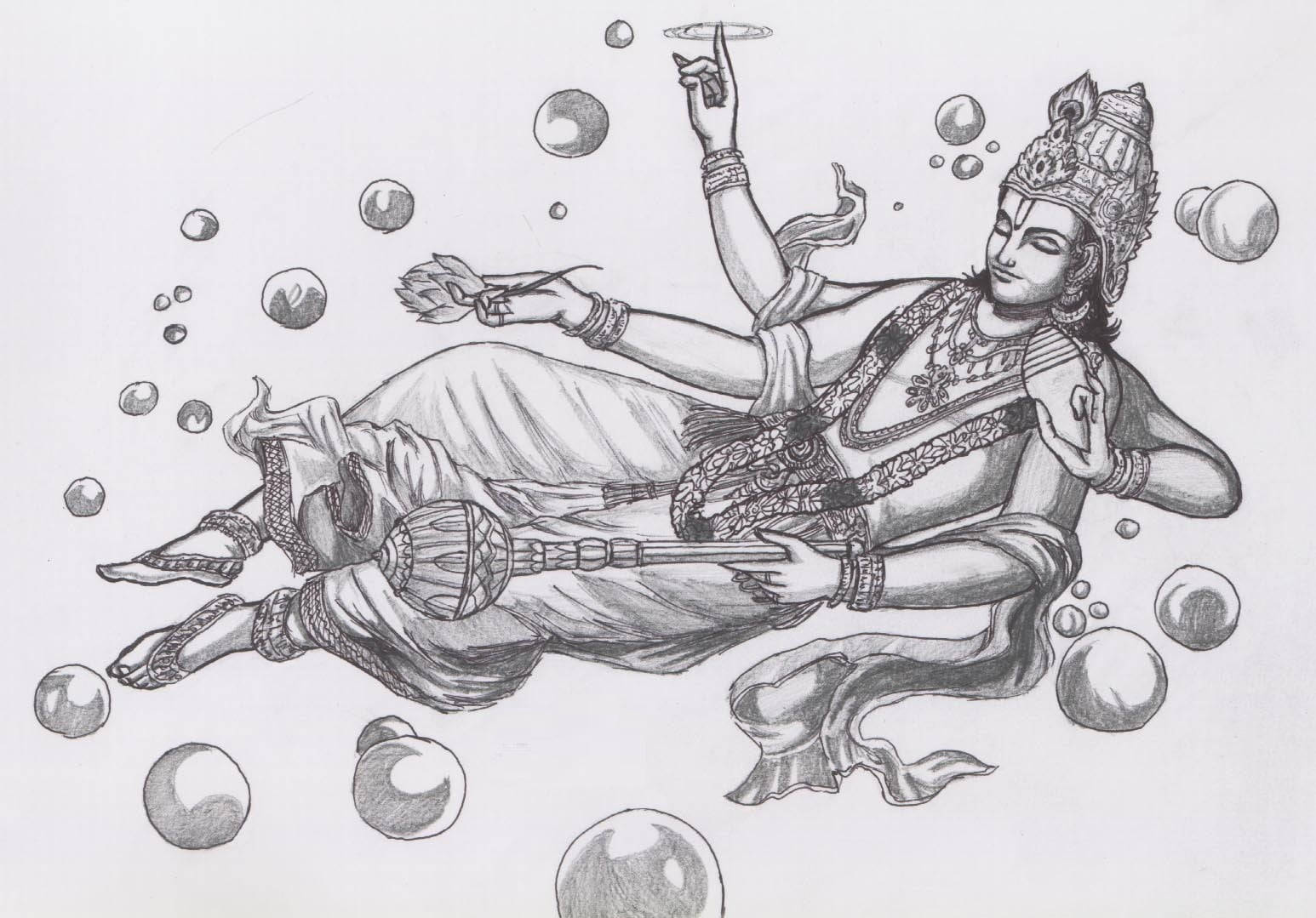 Vishnu 桌布 壁紙 — 一位寧靜的神祇在詳細的黑白線條畫中優雅地躺臥在漂浮的氣泡之間。