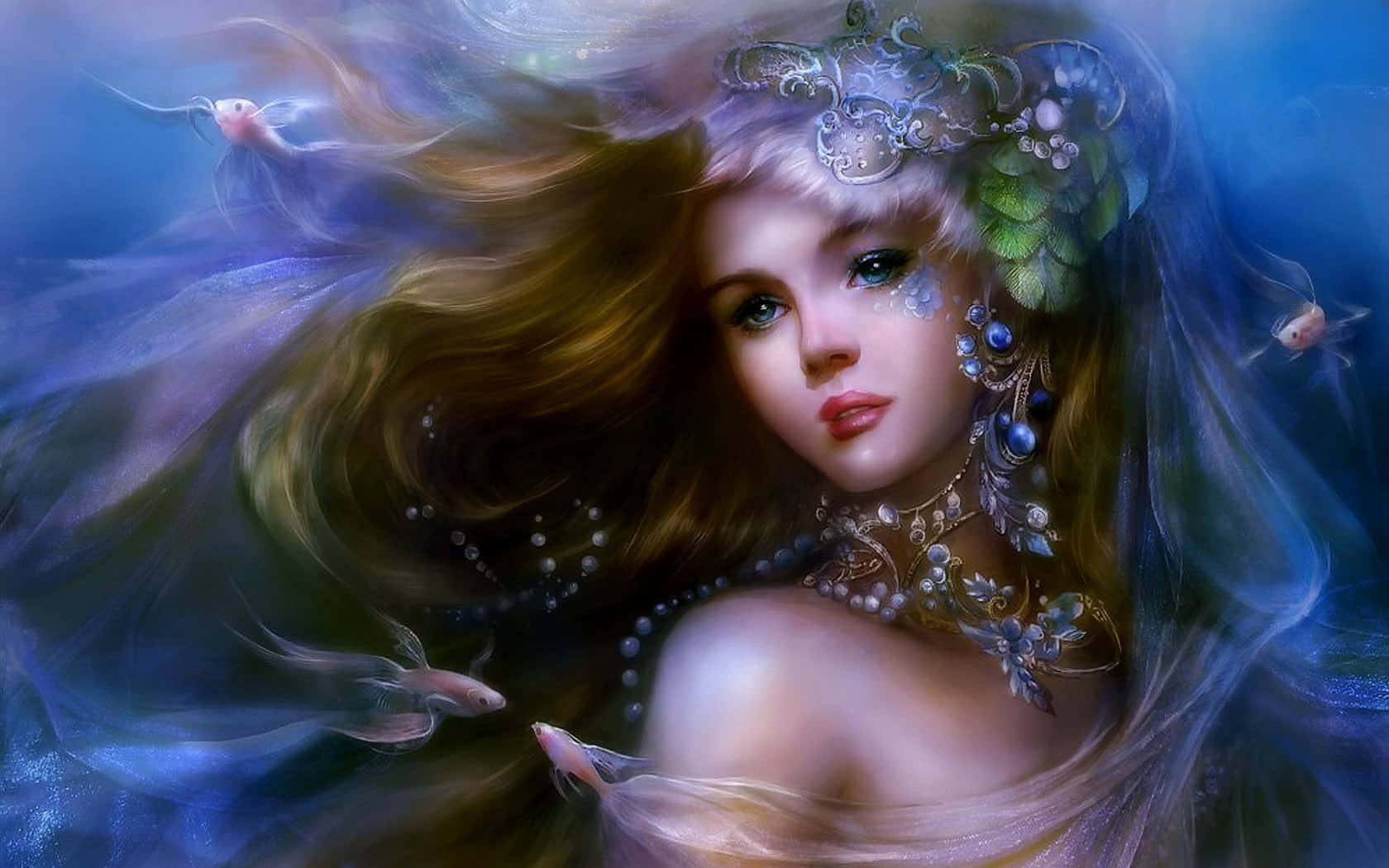 Beautiful Artistic 桌布 壁紙 — 一位寧靜的美人魚，擁有飄逸的金色長髮和珍珠飾品，在深藍色的海洋中滑行，小魚在她周圍游動。