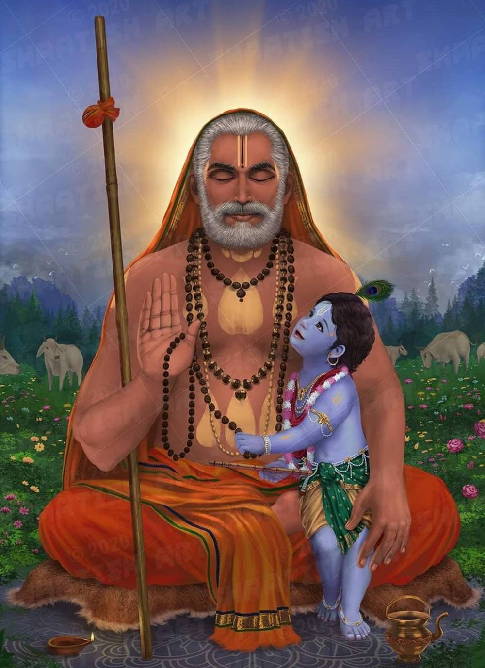 Hindu God 桌布 壁紙 — 一位寧靜的聖人散發著光芒，盤腿坐在草地上，懷抱著一個藍皮膚的孩子，背景中羊群在吃草。