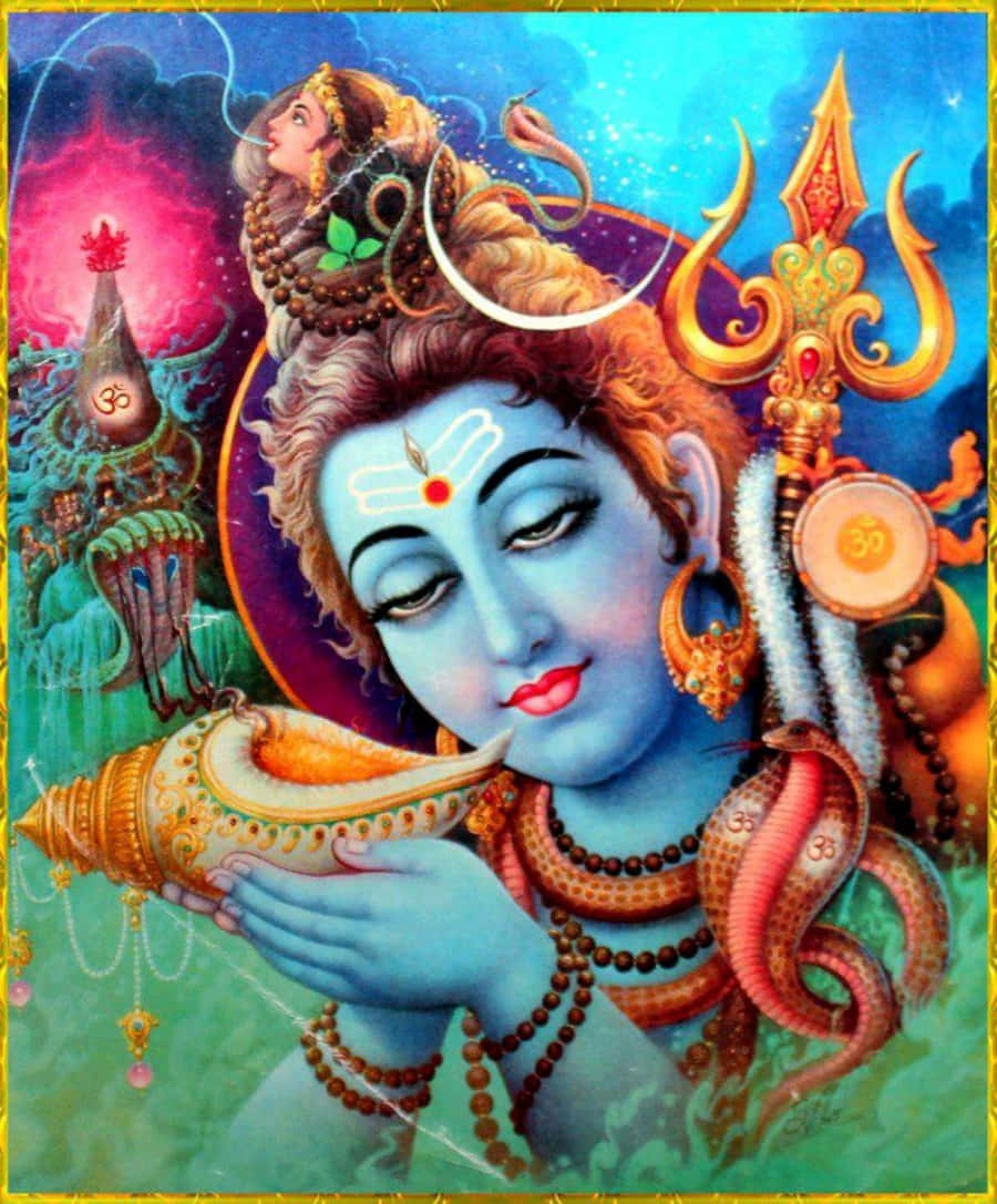 Lord Shiva 桌布 壁紙 — 一位寧靜的藍皮膚印度教神祇閉著眼睛，手持一個飾有黃金和珠寶的海螺，周圍環繞著神聖符號和宇宙背景。