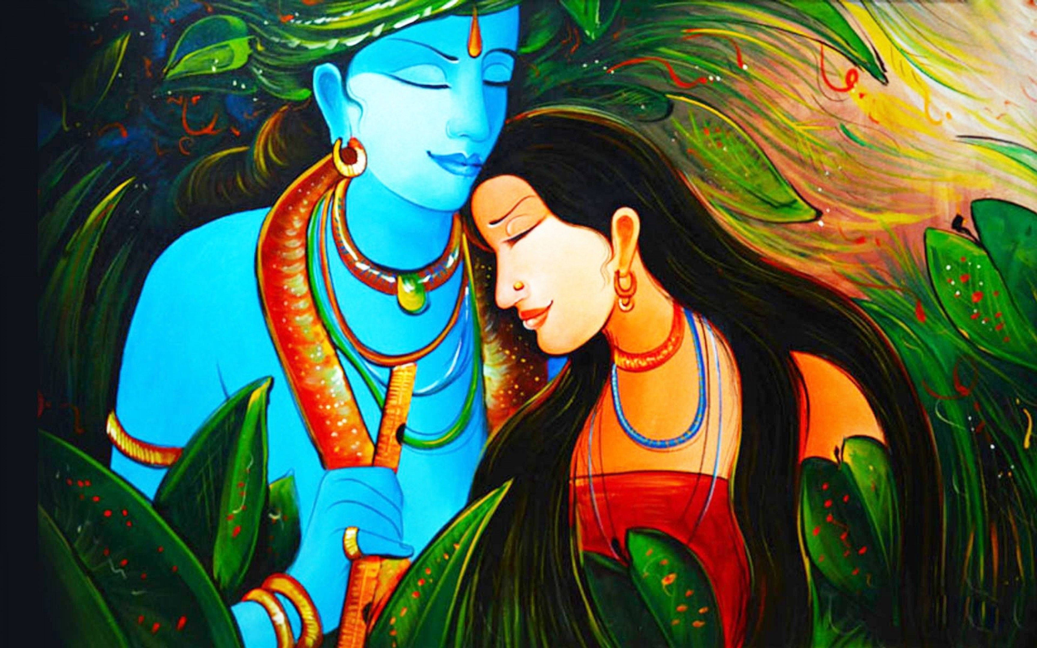 krishna ji 桌布 壁紙 — 一位寧靜的藍皮膚神祇與一位紅衣女子在茂密綠葉中，於溫暖金色光線下擁抱。