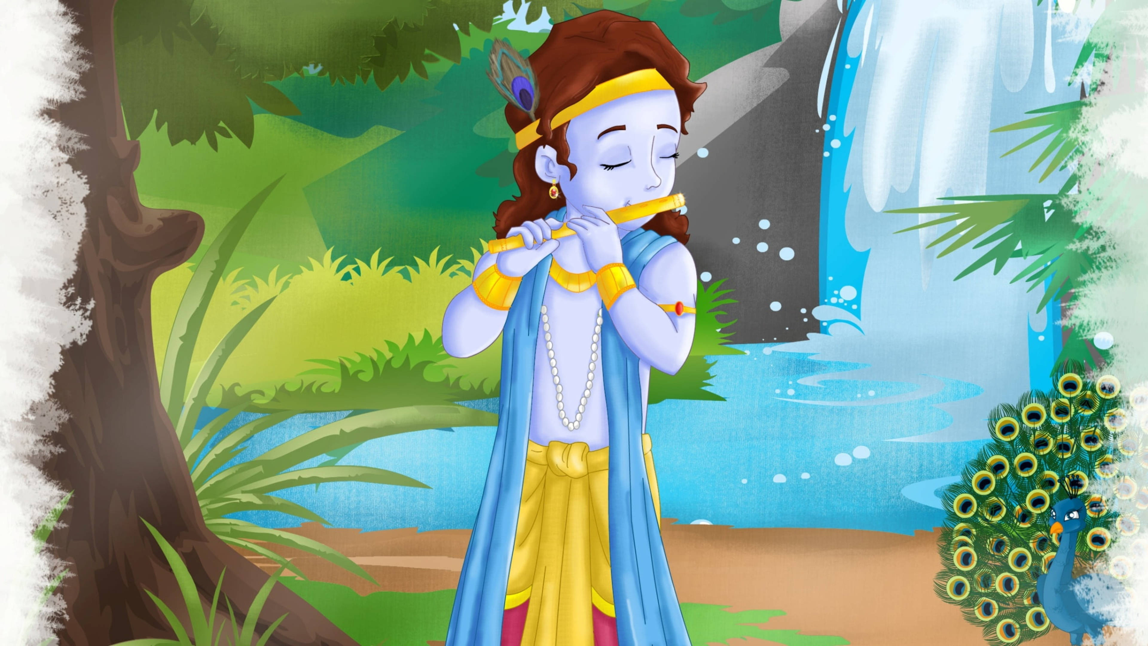krishna ji 桌布 壁紙 — 一位寧靜的藍膚神祇在瀑布旁吹奏長笛，附近有一隻孔雀，周圍綠意盎然。