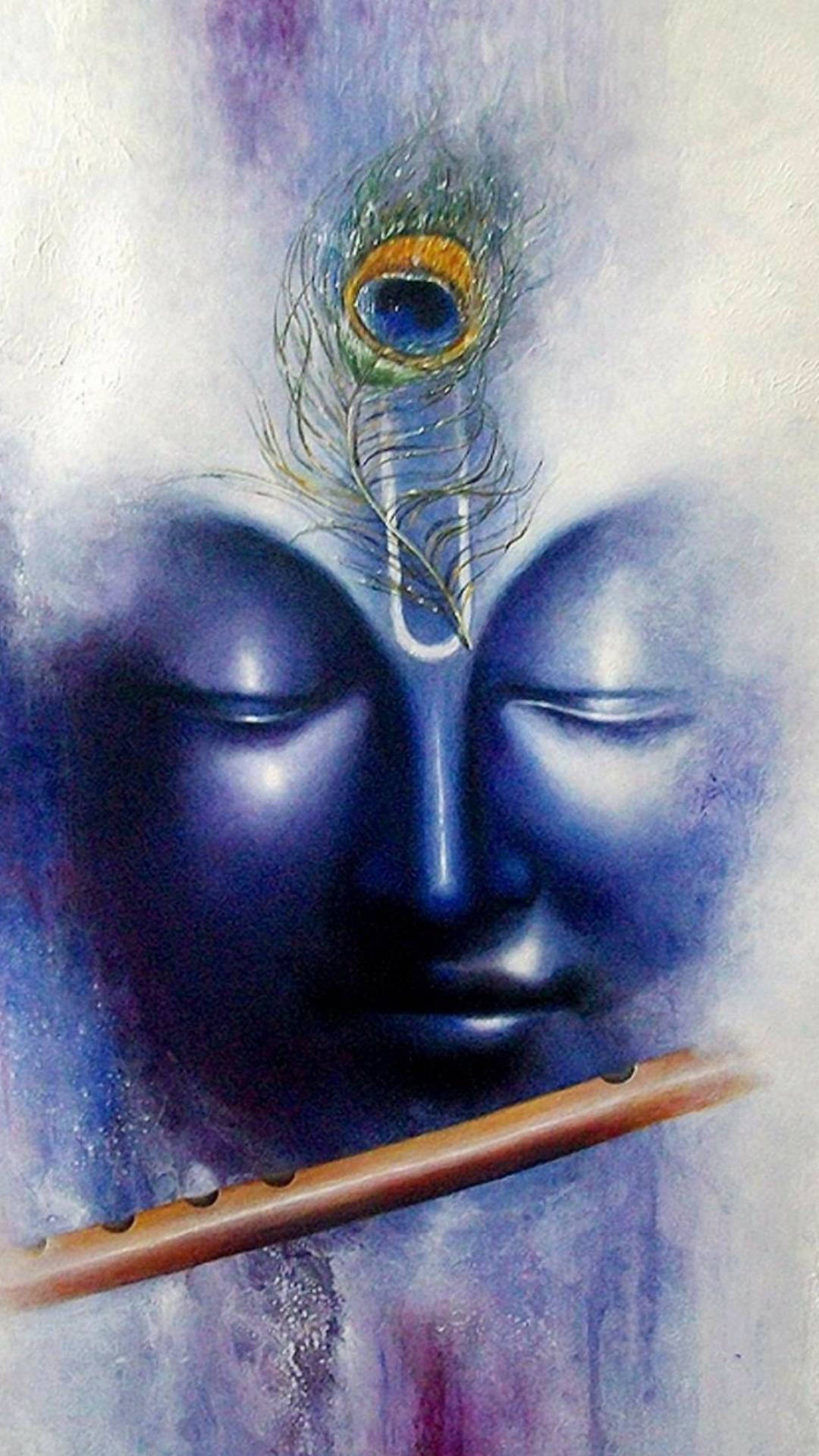 krishna iPhone 桌布 壁紙 — 一位寧靜的藍臉神祇，頭頂有孔雀羽毛，下方放著一支笛子，以柔和的水彩渲染呈現。