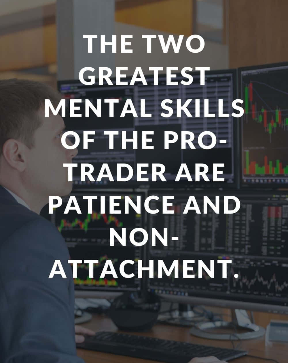 Entrepreneurial Memes 桌布 壁紙 — 一位專注的交易員穿著西裝坐在辦公桌前，周圍有多個顯示金融圖表和圖形的顯示器。