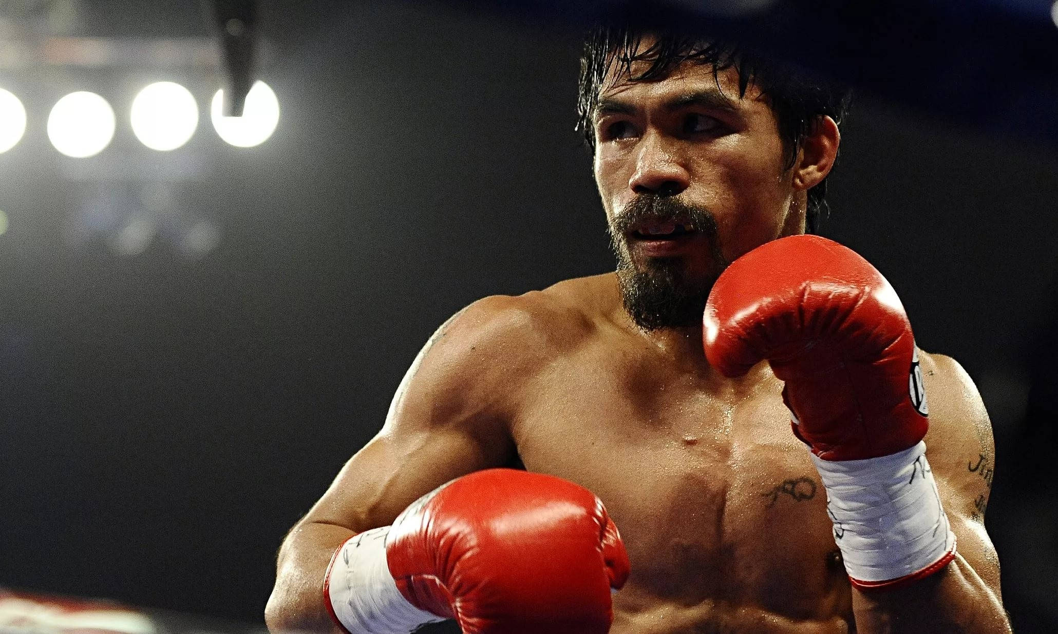 Manny Pacquiao Boxing 壁紙 — 一位專注的拳擊手戴著紅色手套，在明亮的競技場燈光下準備就緒。