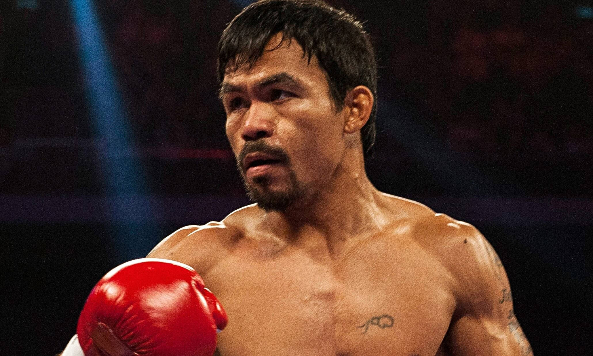 Close-Up Shot Of Manny Pacquiao 壁紙 — 一位專注的拳擊手戴著紅色手套，在昏暗的擂台上，聚光燈下凝視著。