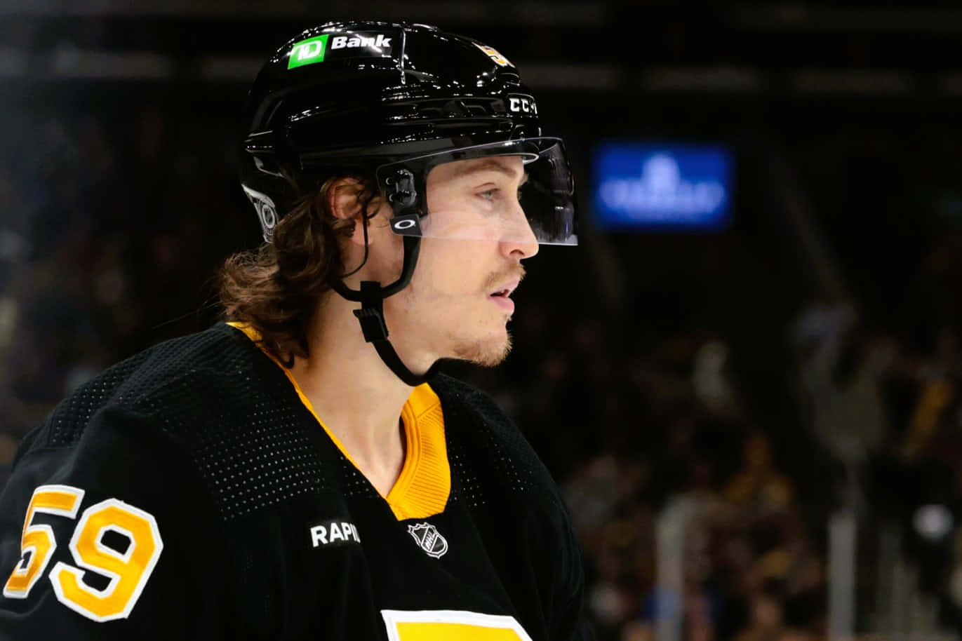 Tyler Bertuzzi 桌布 壁紙 — 一位專注的曲棍球運動員身穿黑黃色59號球衣，在明亮的場館燈光下於比賽中凝視前方。