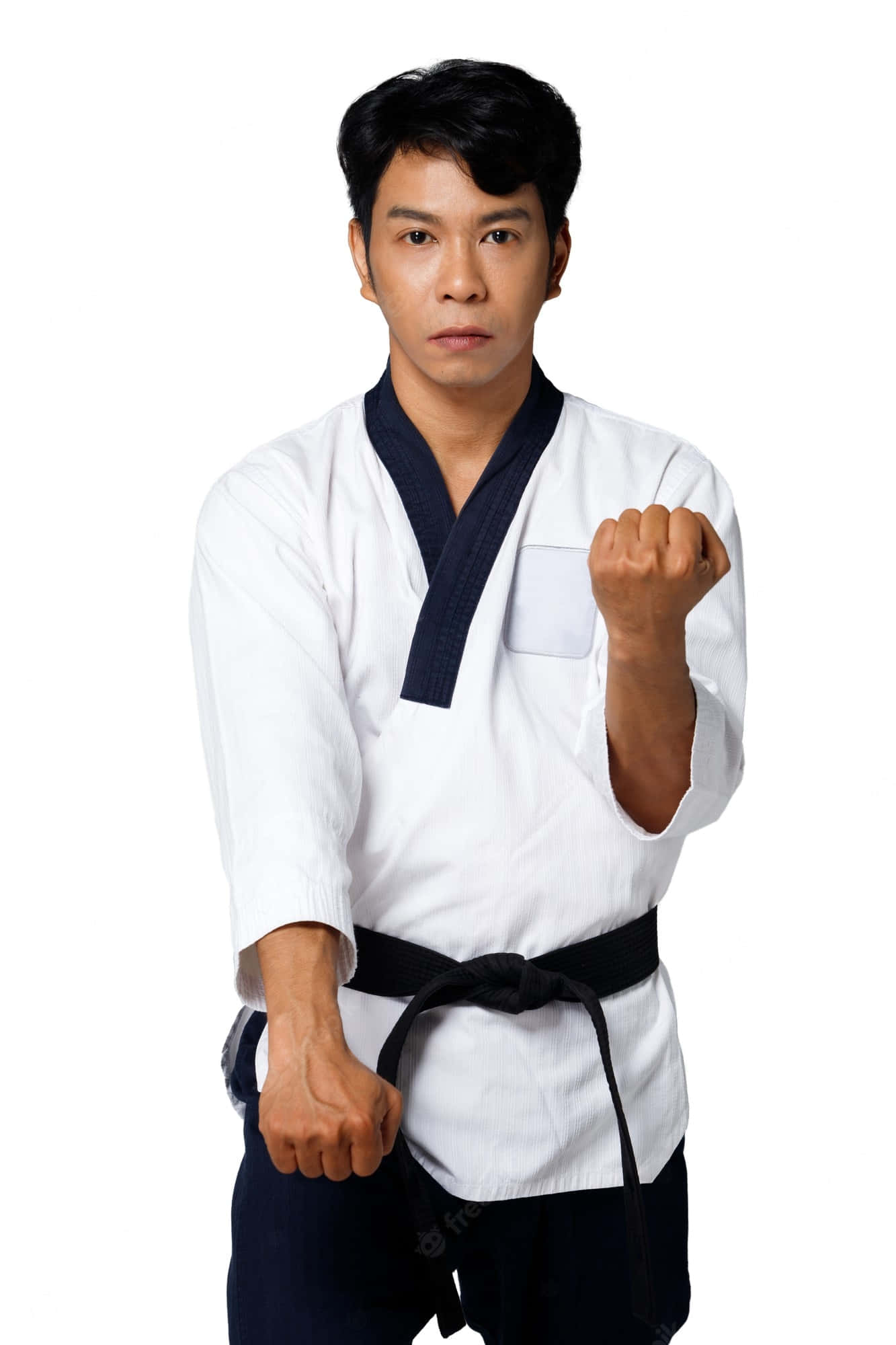 Taekwondo Uniform 桌布 壁紙 — 一位專注的武術家身穿白色道服、繫著黑帶，在純白背景下擺出強而有力的姿勢。
