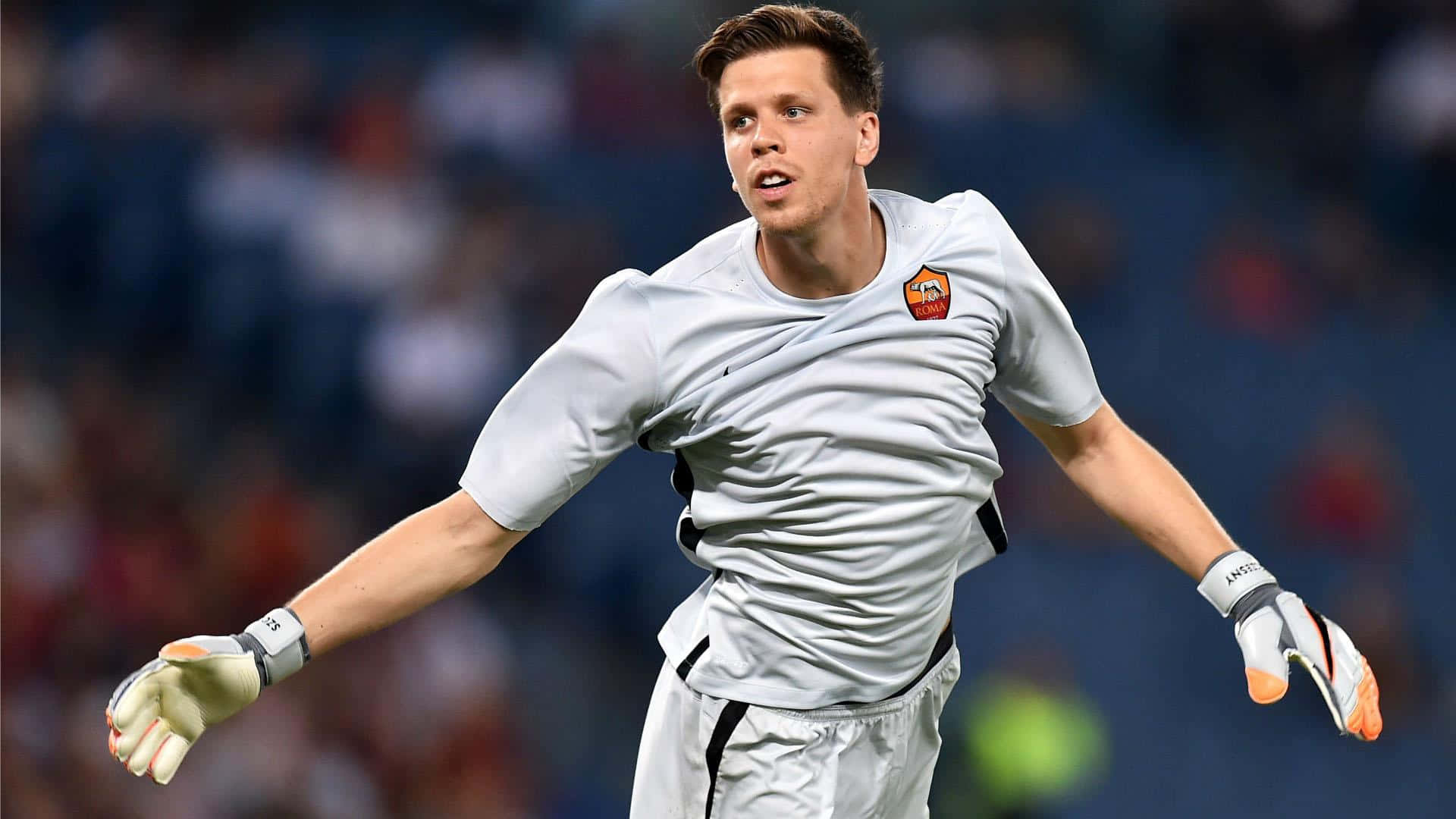 Wojciech Szczesny 桌布 壁紙 — 一位專注的足球守門員身穿白色裝備，在球場燈光下張開雙臂進行比賽。