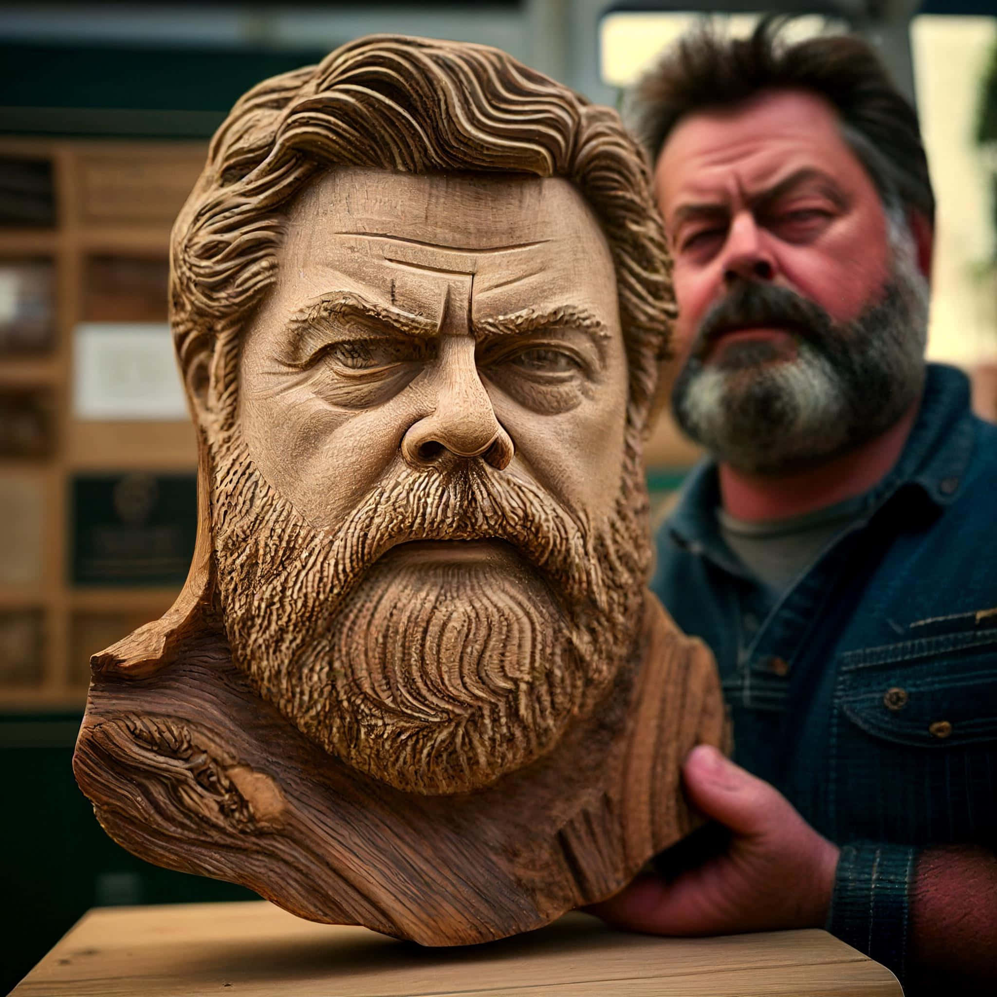 nick offerman 桌布 壁紙 — 一位工匠自豪地展示一個極其精細的木製半身像，雕刻著一位鬍鬚濃密、面容深邃的男子。