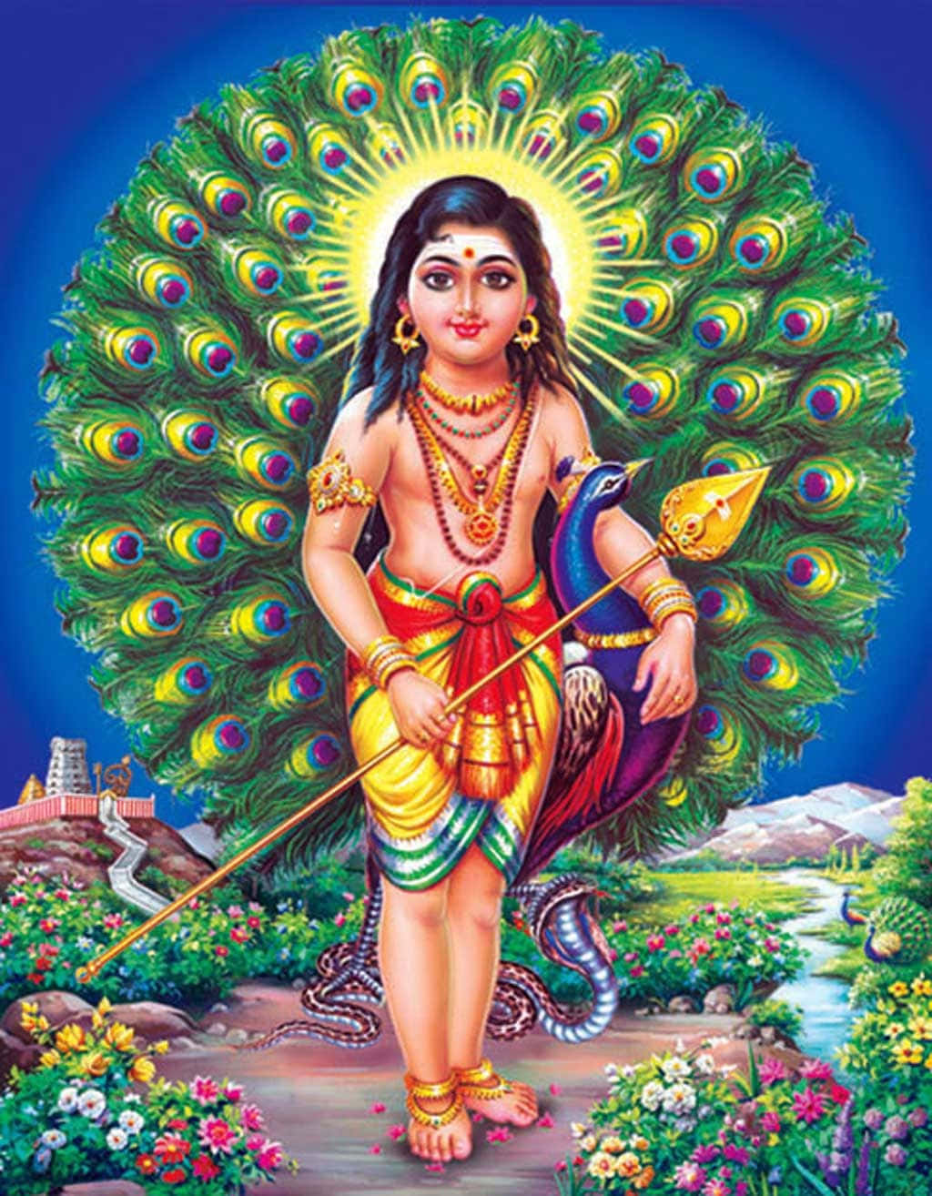 Murugan 桌布 壁紙 — 一位帶有光芒四射孔雀光環的神聖人物，站在充滿生機的花園中，手持金色長矛。