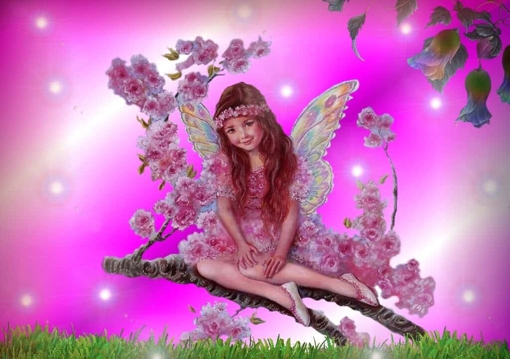 Cute Fairy 桌布 壁紙 — 一位帶有彩虹翅膀的奇幻仙子優雅地坐在盛開的櫻花枝上，背景是發光的粉紅色天空。