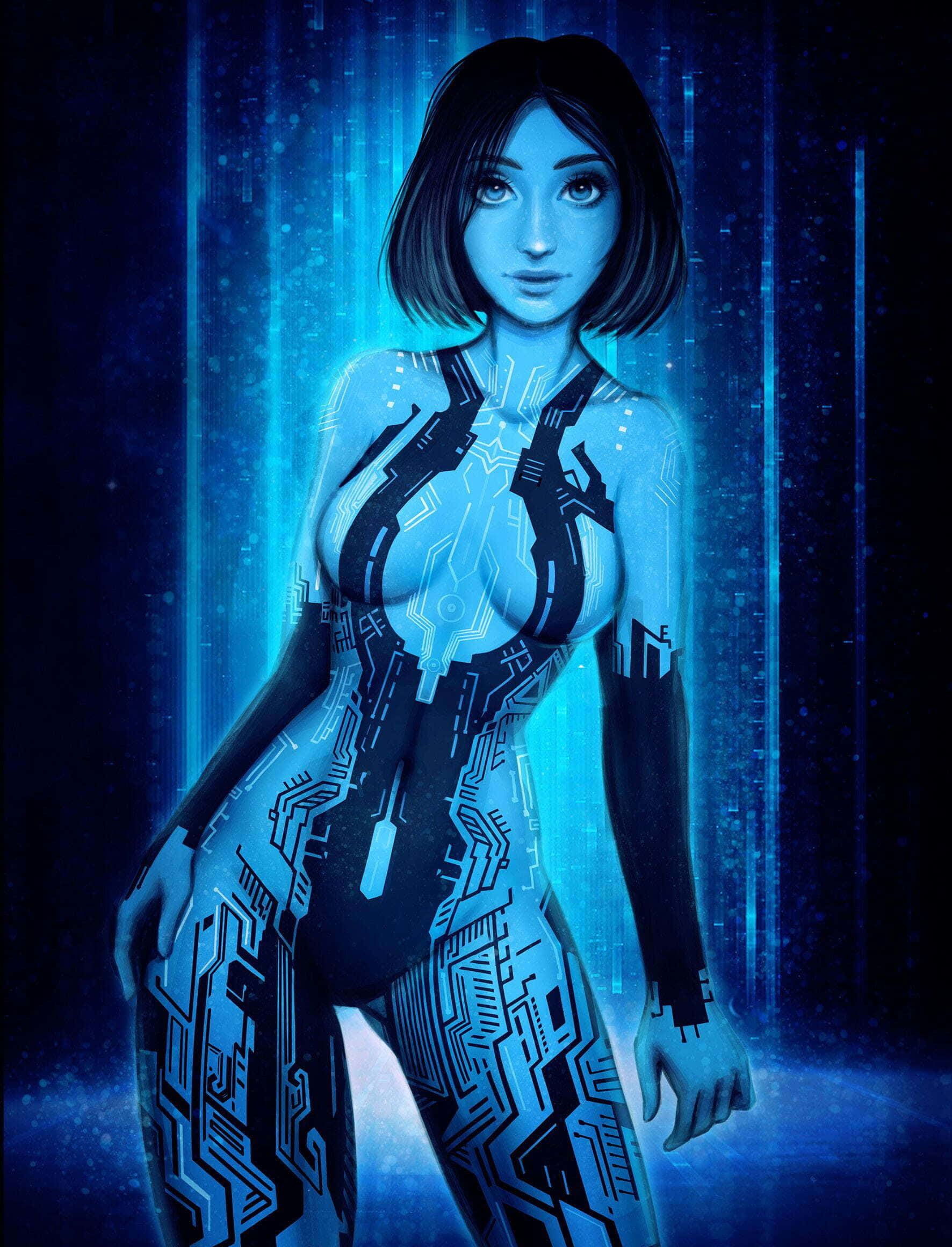 Halo Cortana 桌布 壁紙 — 一位帶有發光藍色電路的賽博格女性站在數字數據流背景前。