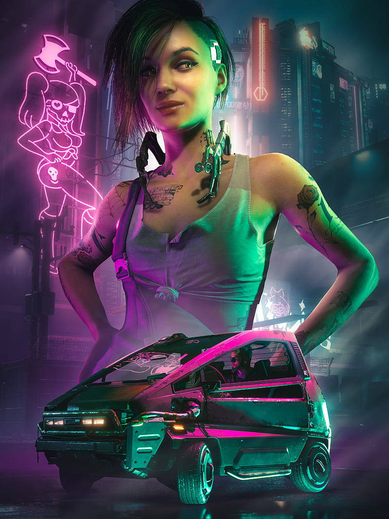 cyberpunk 2077 iPhone 桌布 壁紙 — 一位帶有紋身和機械裝置的賽博龐克女性自信地站在一輛發光的霓虹車旁，背景是雨濕的未來城市景觀。