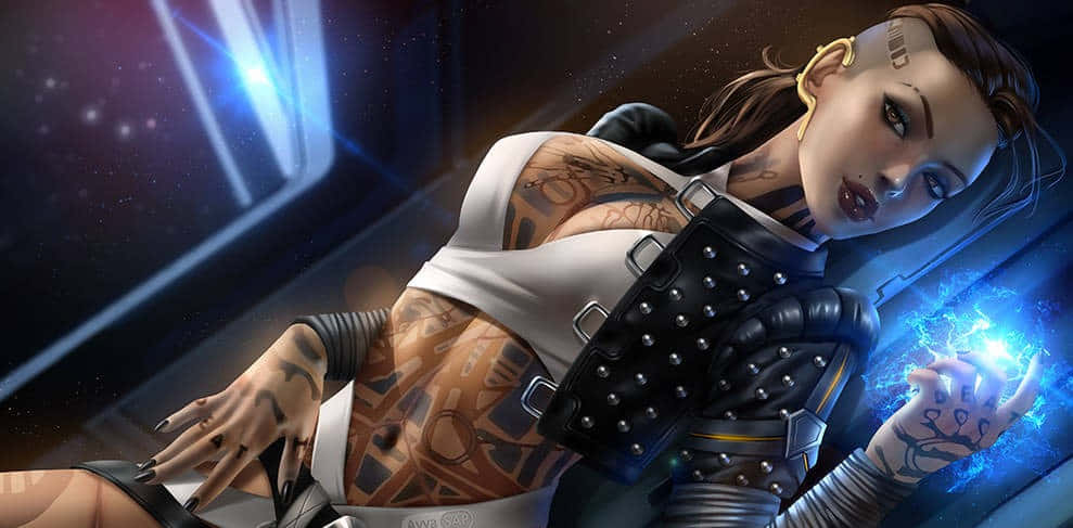Mass Effect Jack 桌布 壁紙 — 一位帶有紋身和賽博強化裝置的賽博龐克女性，在未來風格的太空船內部引導發光的藍色能量。
